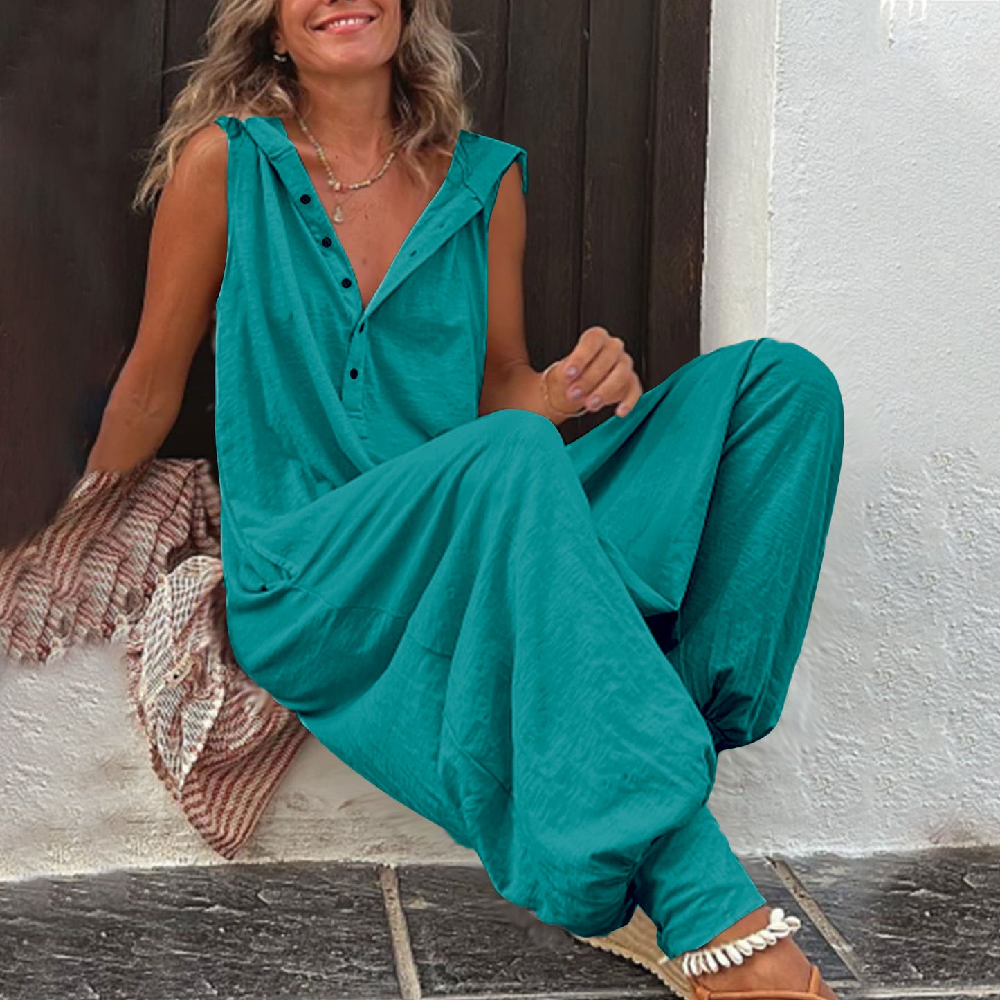 Hot Selling Button Up Hooded Sleeveless Pants In Stock, Jumpsuit With Pockets