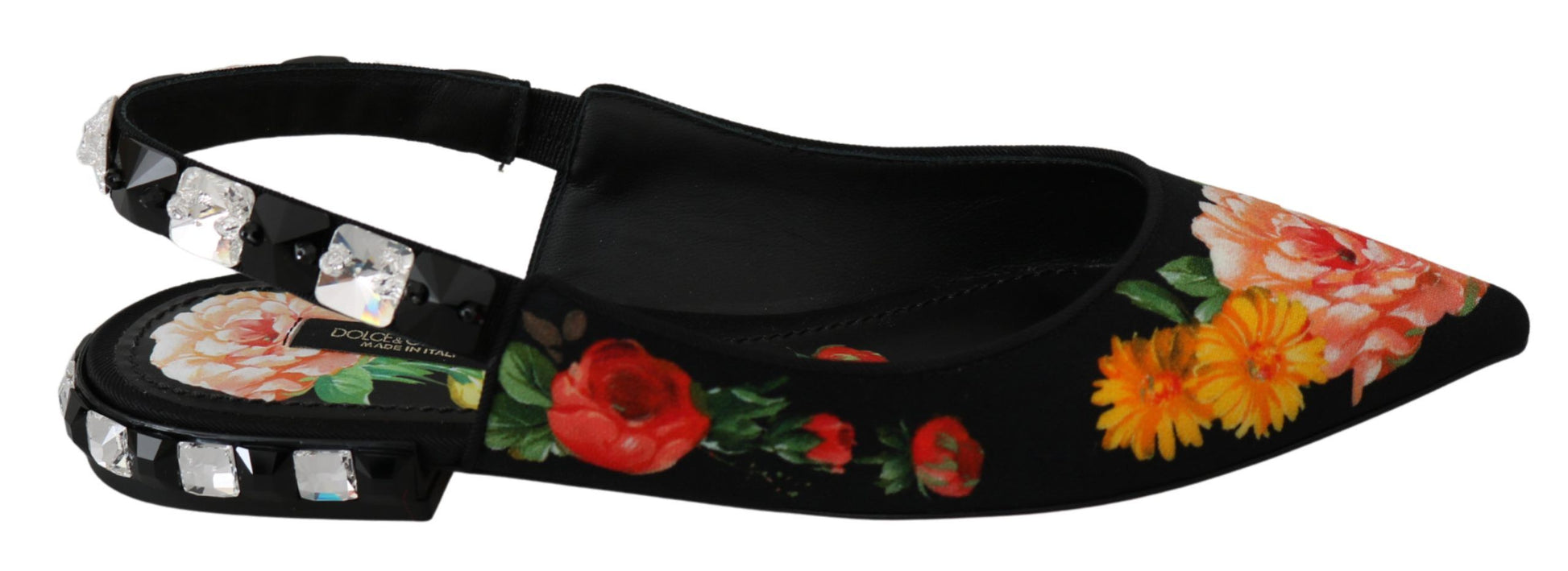 Chaussures plates à bride arrière Dolce & Gabbana à fleurs et cristaux noirs