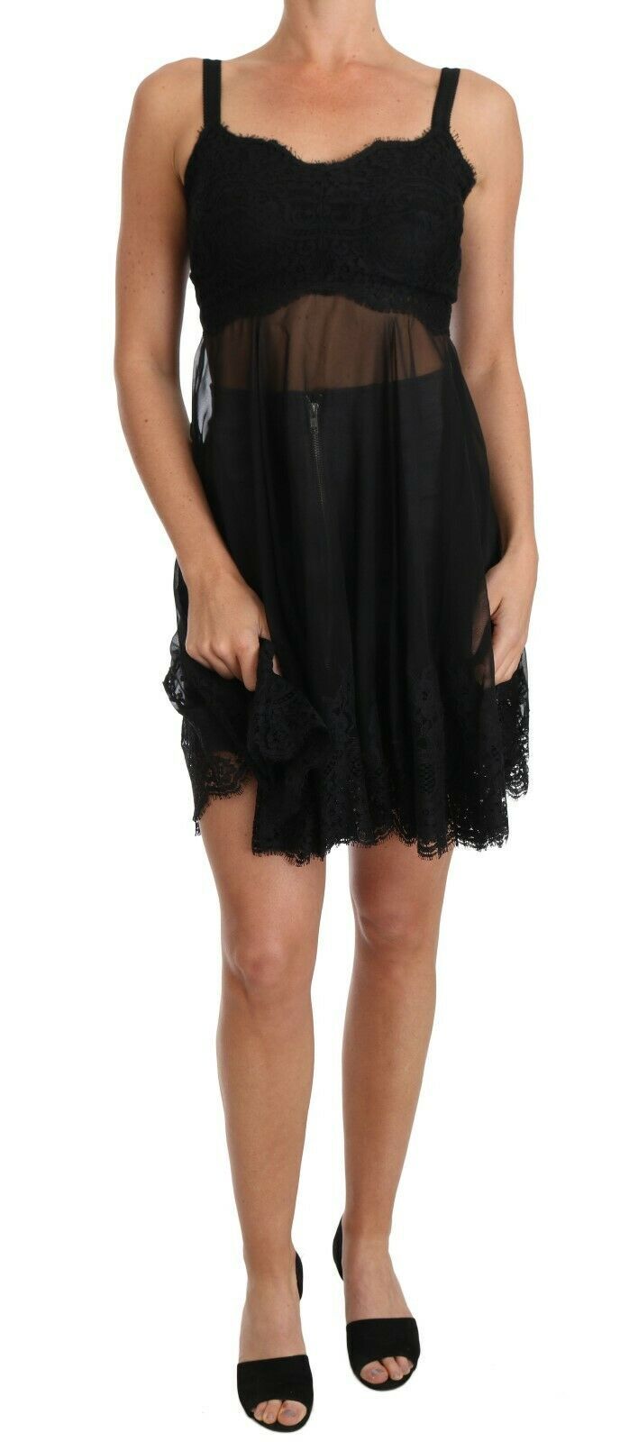 Robe chemise en dentelle de soie noire Dolce & Gabbana Lingerie