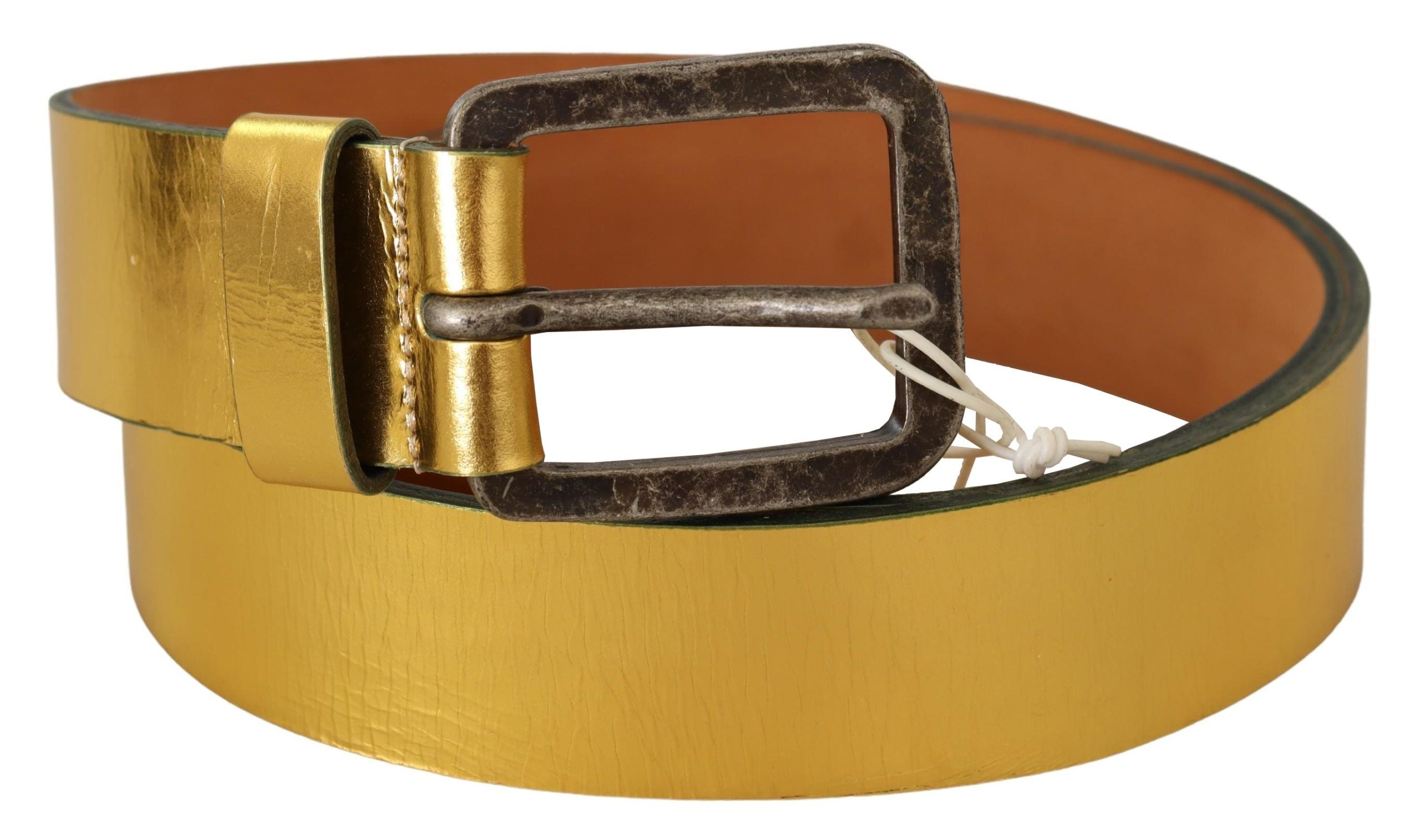 Ceinture John Galliano en cuir véritable doré avec boucle argentée rustique