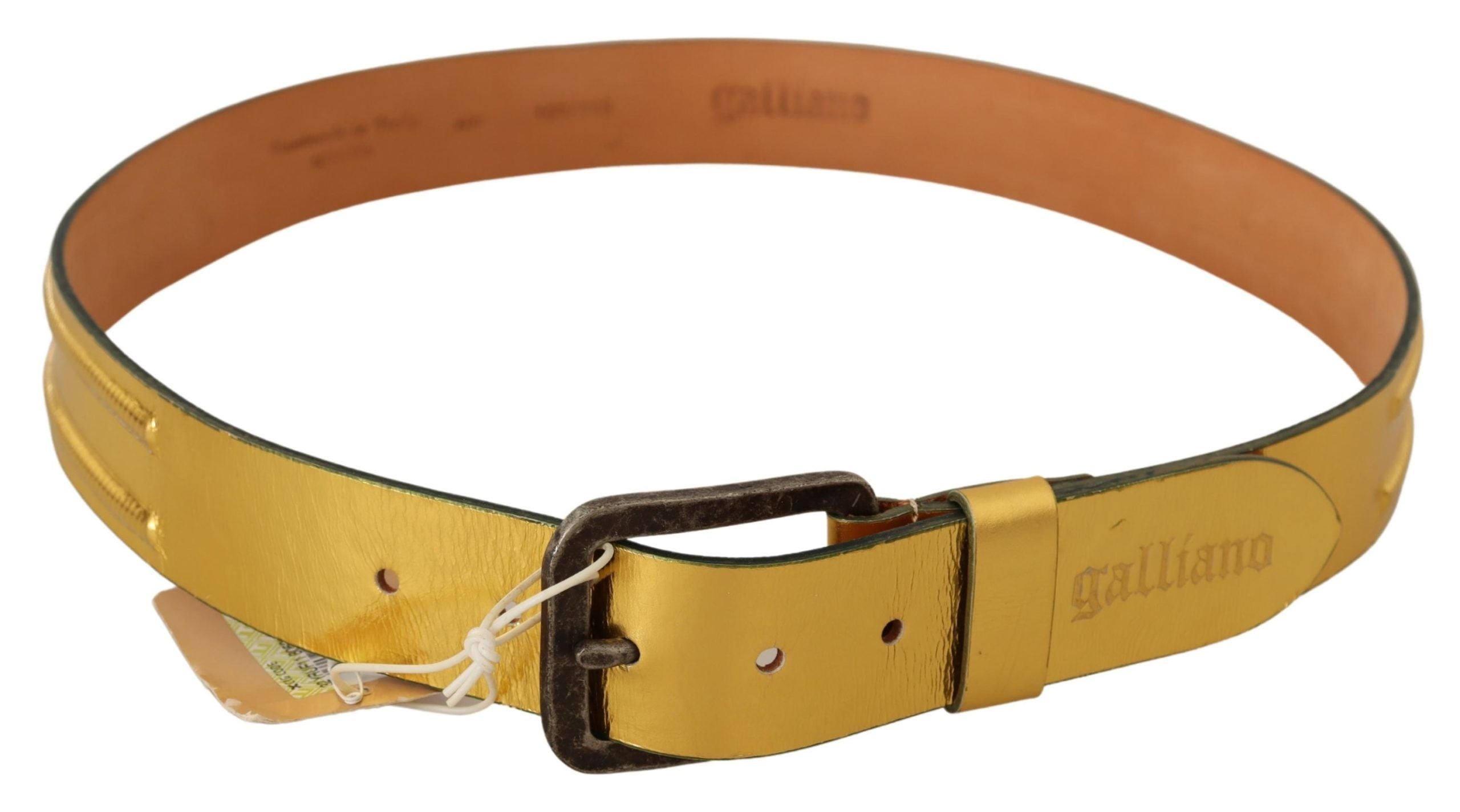 Ceinture John Galliano en cuir véritable doré avec boucle argentée rustique