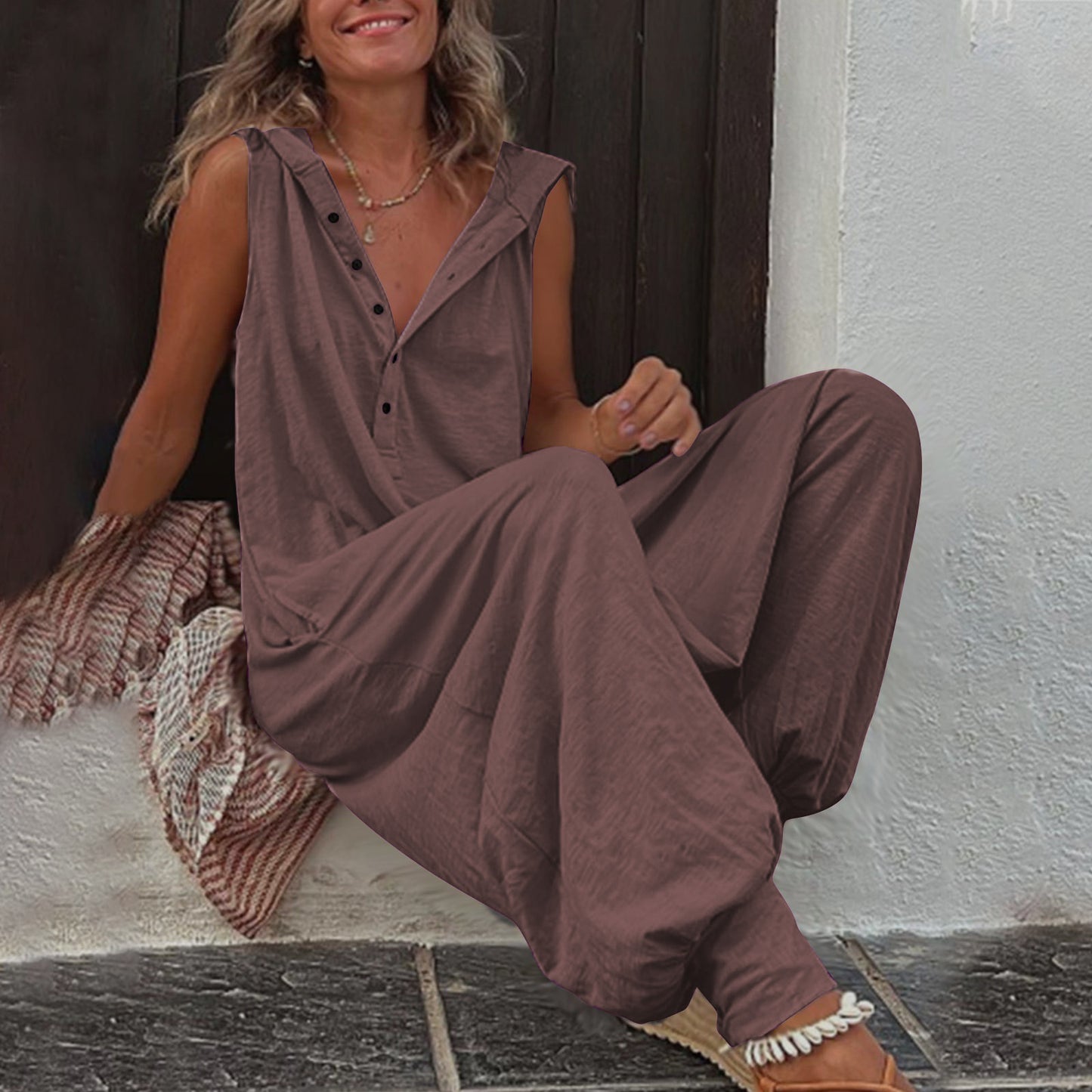 Hot Selling Button Up Hooded Sleeveless Pants In Stock, Jumpsuit With Pockets