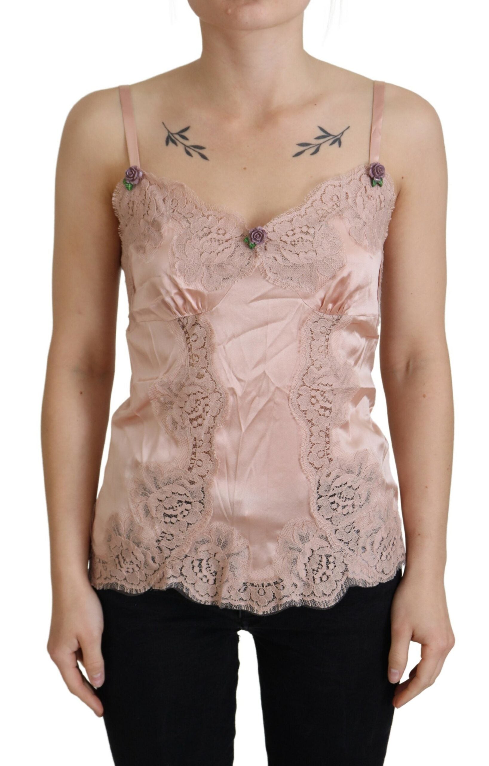 Débardeur Dolce & Gabbana en satin rose et dentelle à imprimé roses