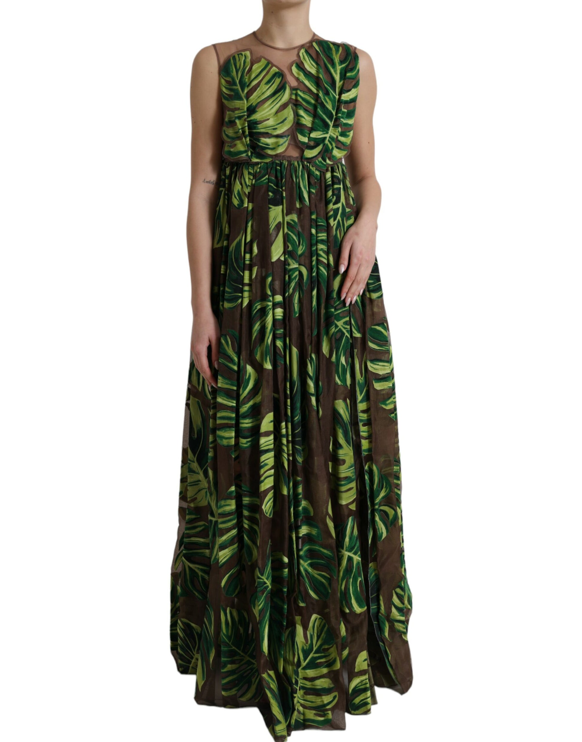Robe longue sans manches à motif feuille de bananier vert Dolce & Gabbana