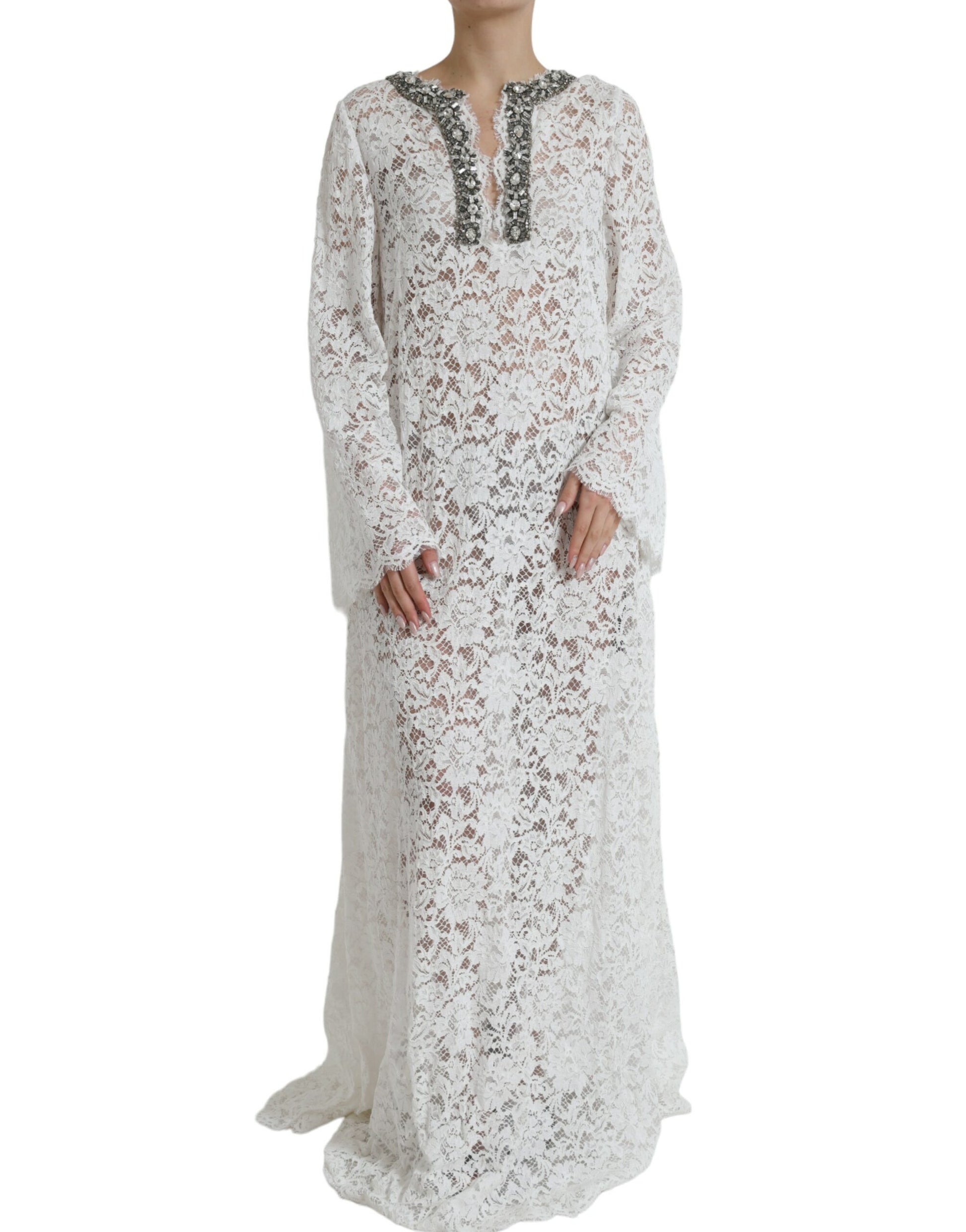 Robe droite en dentelle blanche ornée de cristaux Dolce & Gabbana