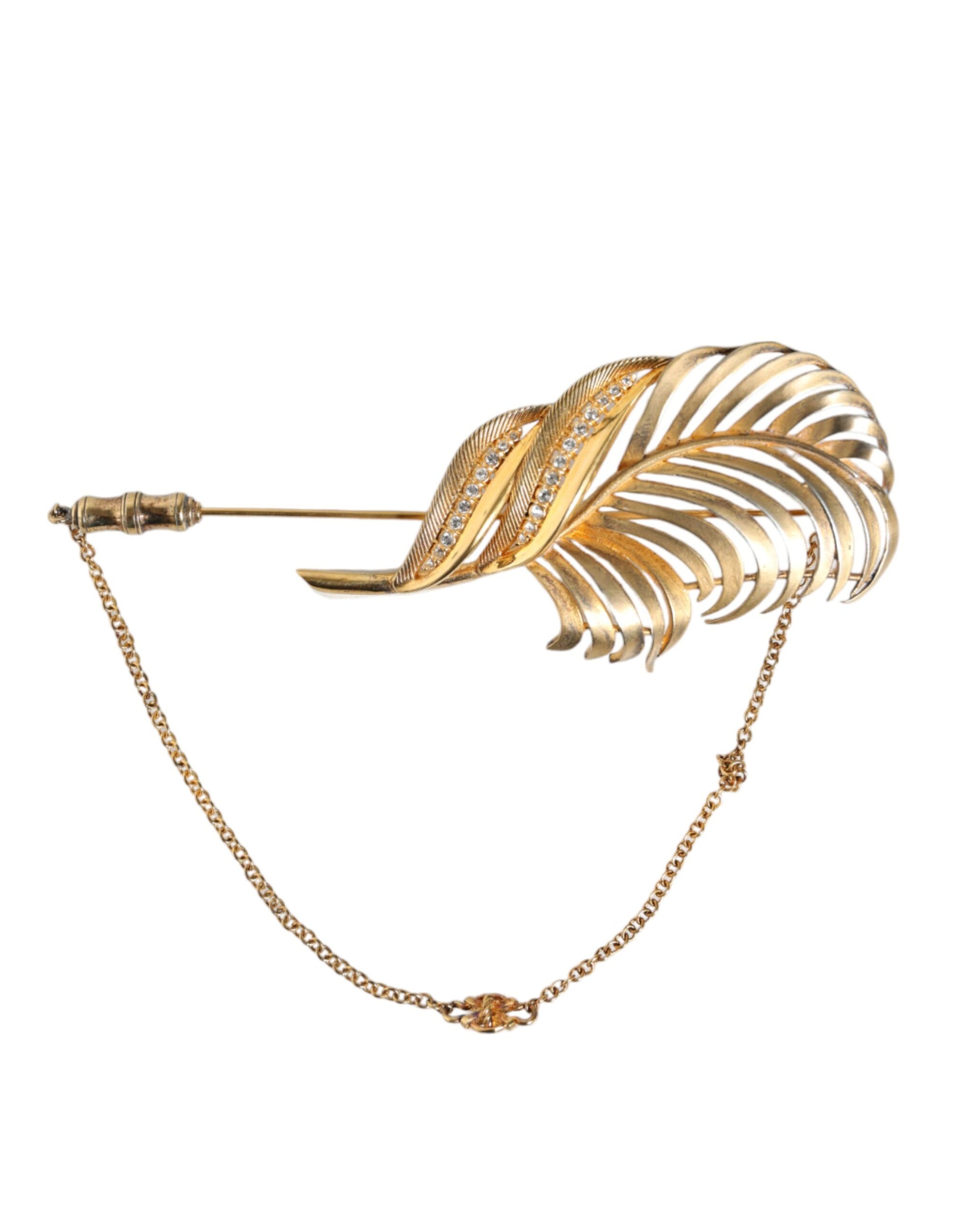 Broche Dolce & Gabbana en argent sterling 925 doré avec chaîne en cristal et feuille