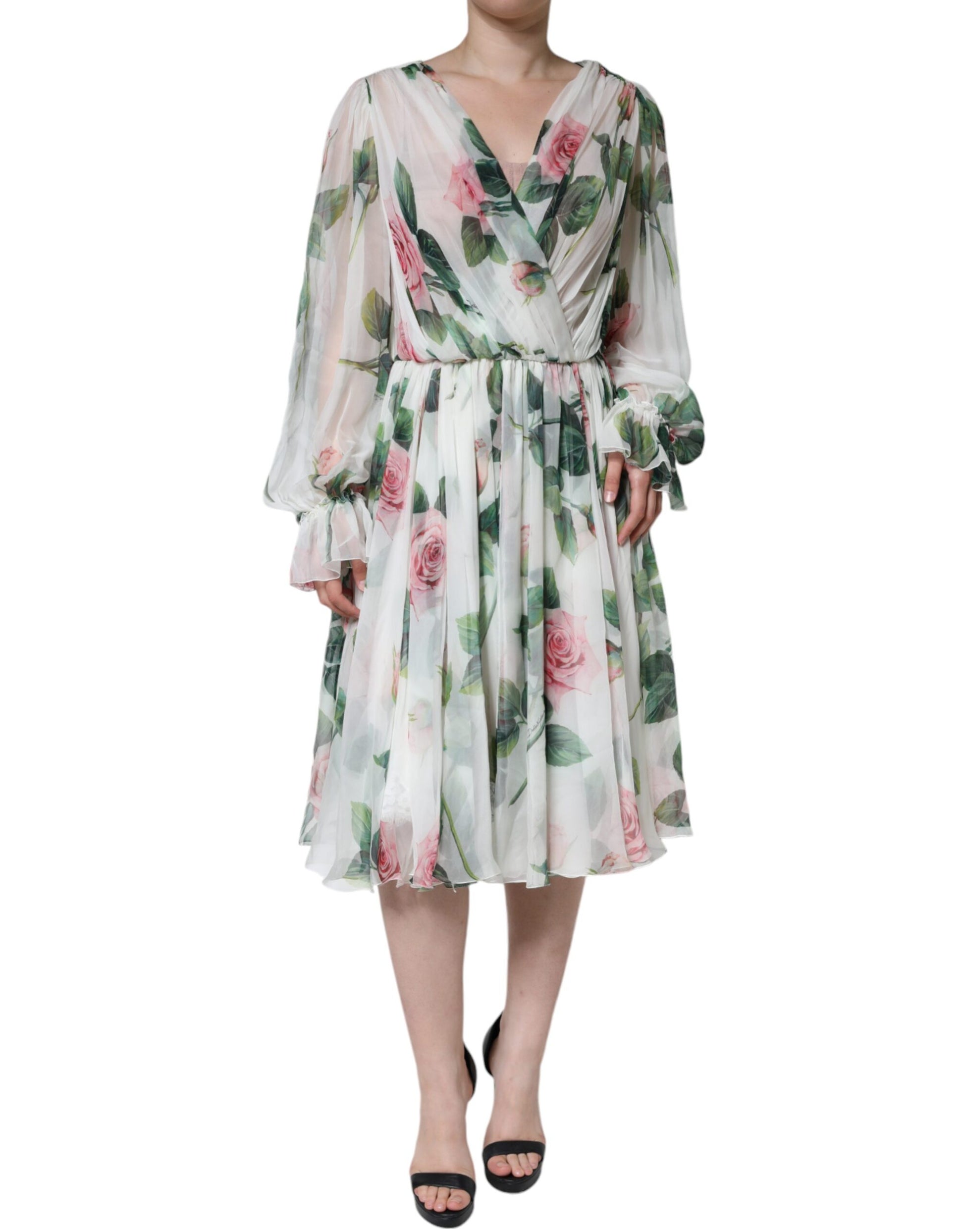 Robe mi-longue trapèze à imprimé floral en soie blanche Dolce & Gabbana