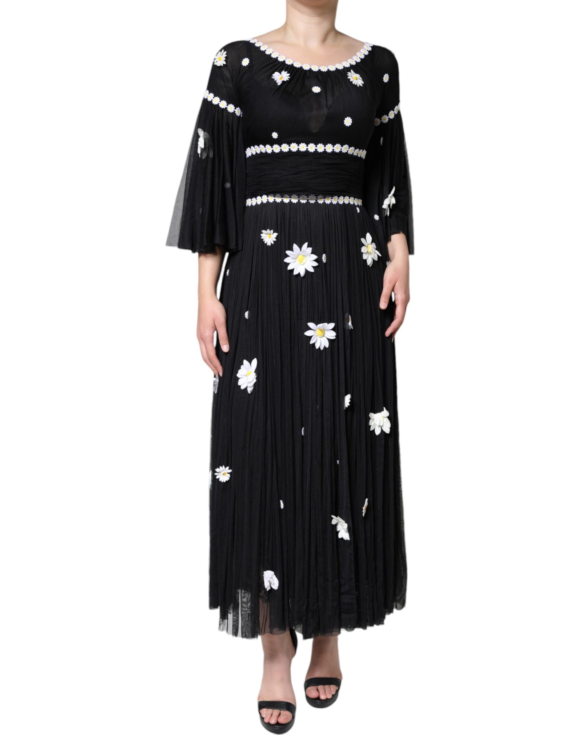 Robe longue trapèze en soie noire à imprimé marguerites Dolce & Gabbana