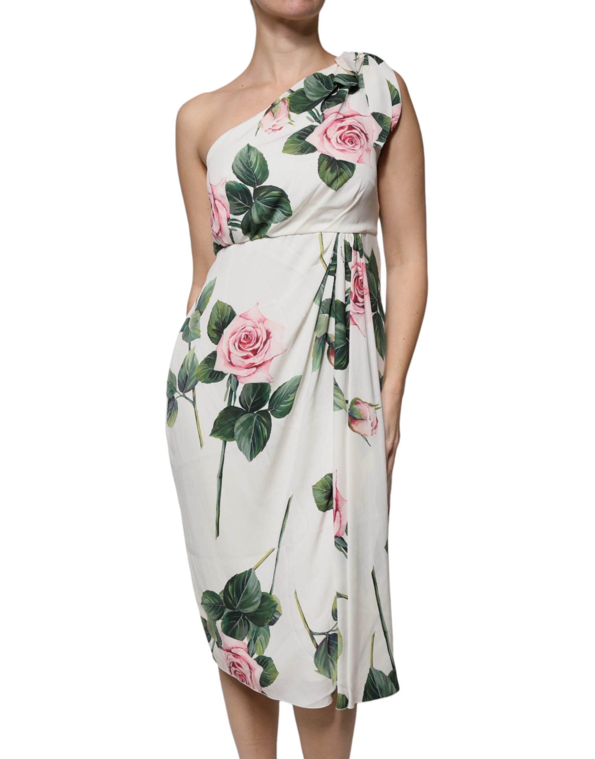 Robe midi asymétrique en soie blanche à fleurs Dolce & Gabbana