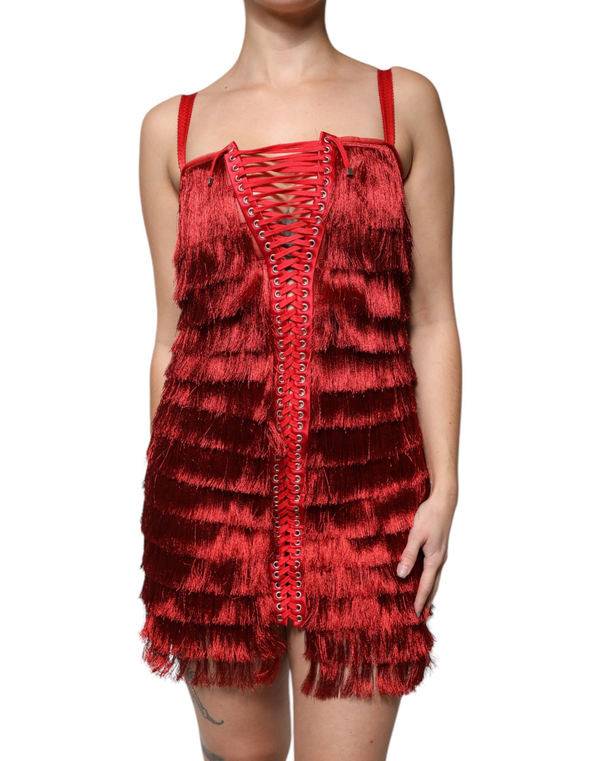 Robe fourreau courte sans manches en dentelle rouge à pompons Dolce & Gabbana