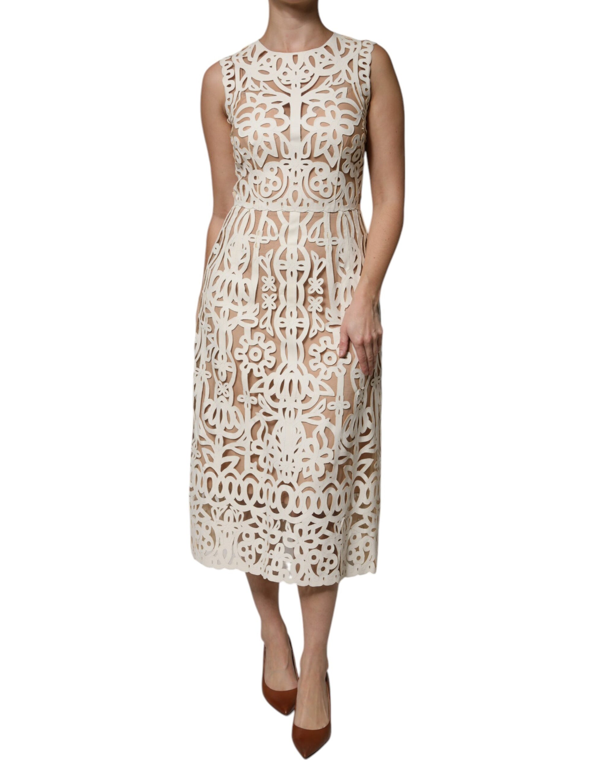 Robe mi-longue sans manches en cuir blanc découpé Dolce & Gabbana