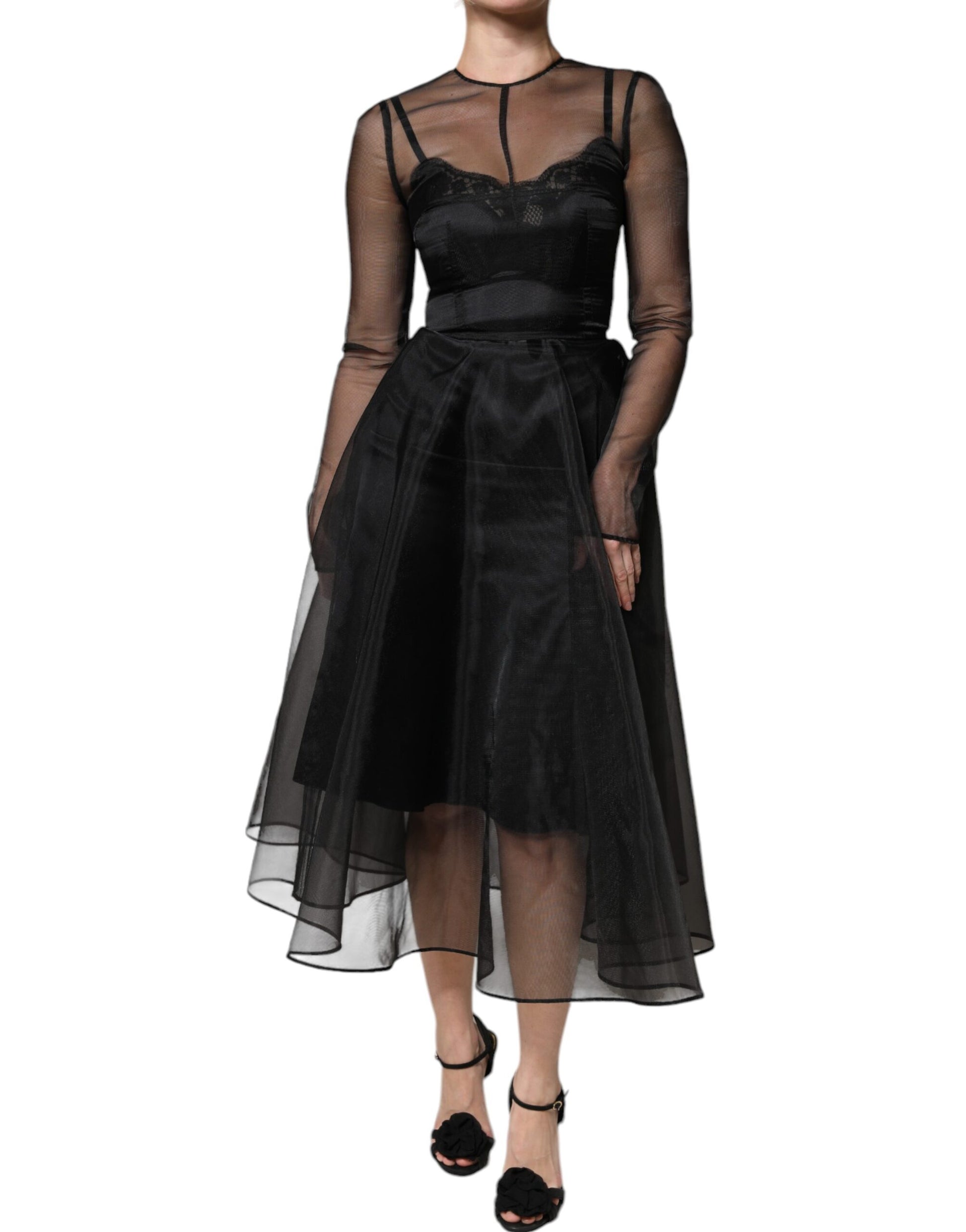 Robe de cocktail mi-longue trapèze en tulle noir Dolce & Gabbana
