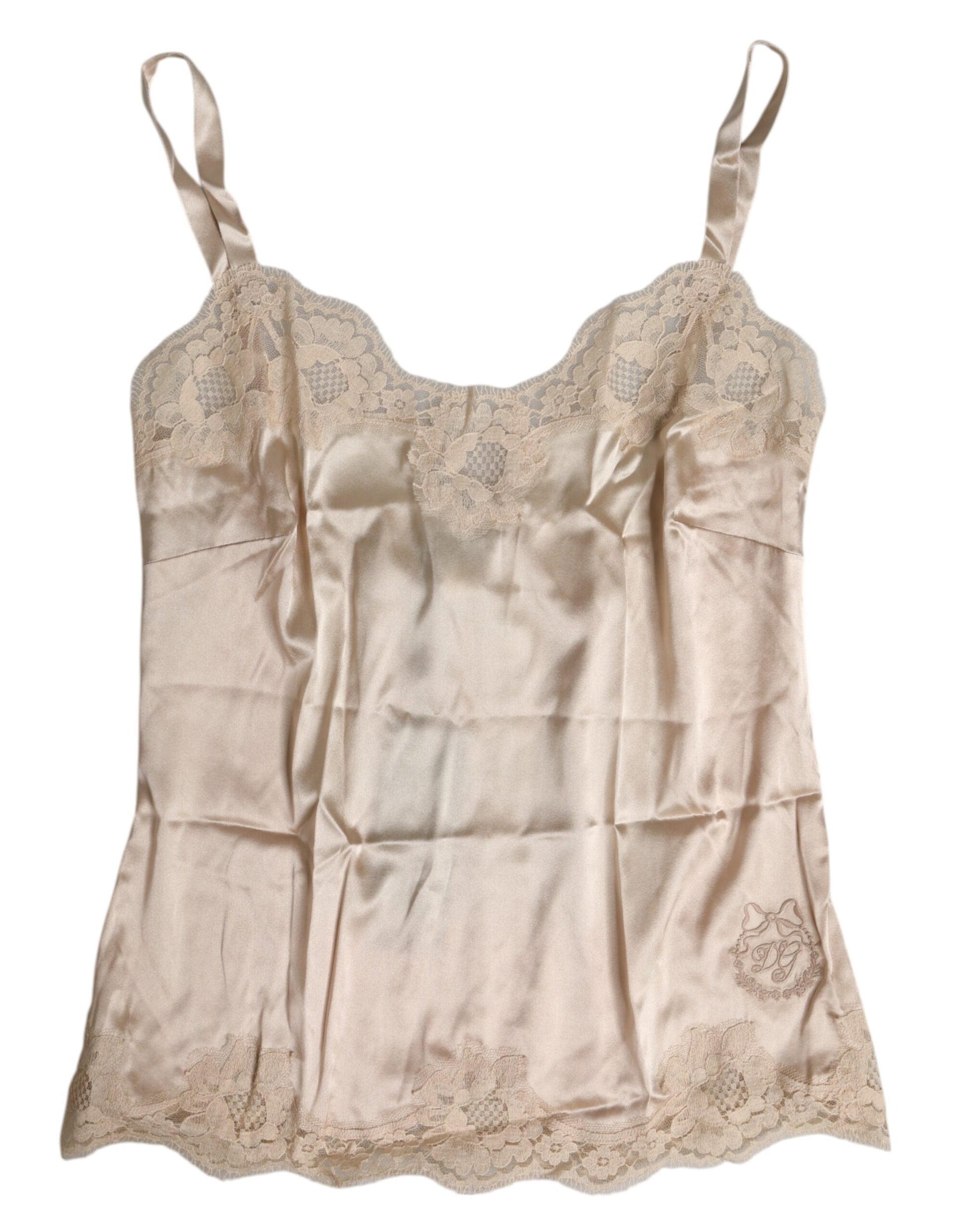 Dolce & Gabbana Débardeur en satin de soie et dentelle beige Sous-vêtements de lingerie
