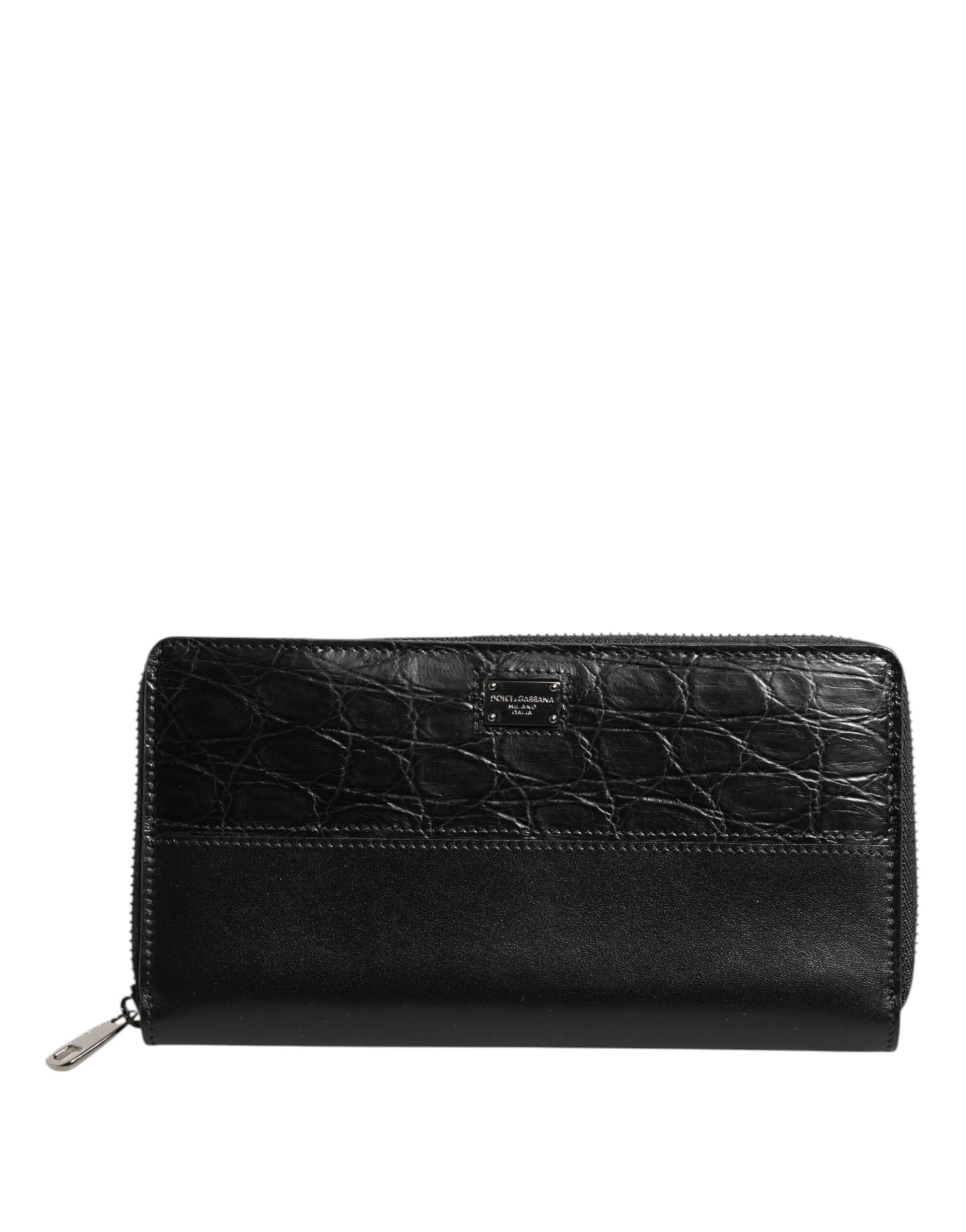 Portefeuille continental zippé en cuir noir Dolce & Gabbana avec plaque logo