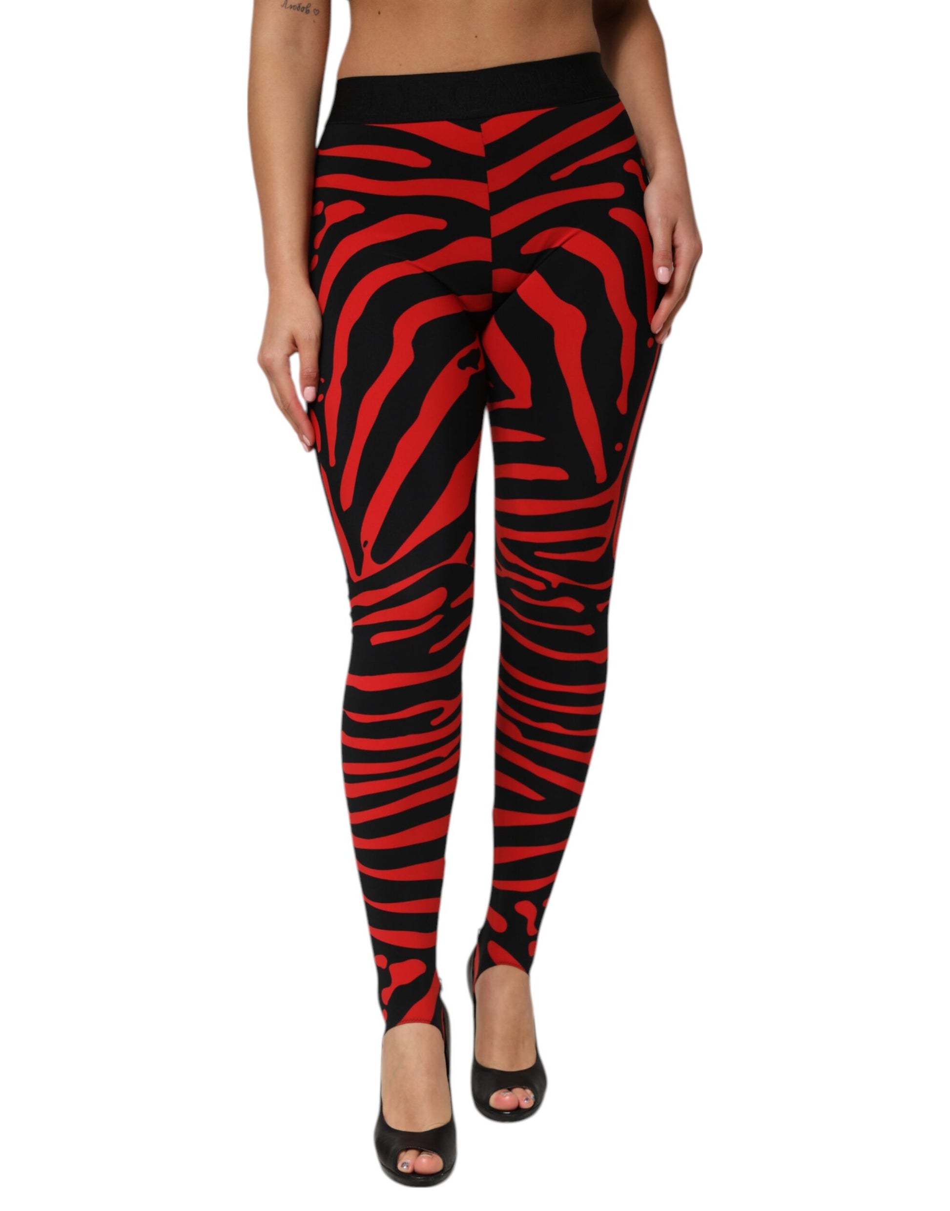 Pantalon legging taille haute Dolce & Gabbana en nylon noir et rouge avec logo