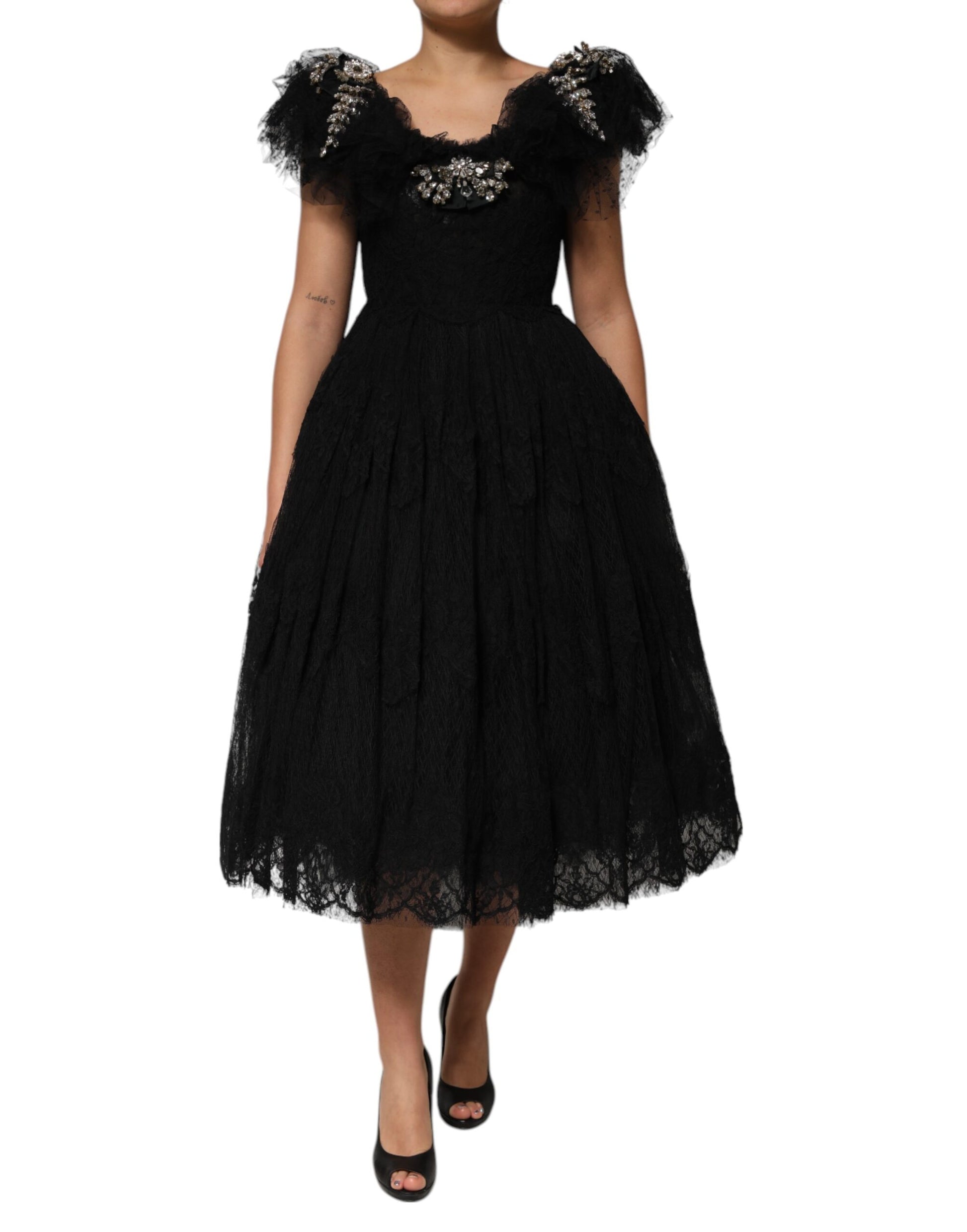 Robe mi-longue trapèze noire ornée de cristaux Dolce & Gabbana