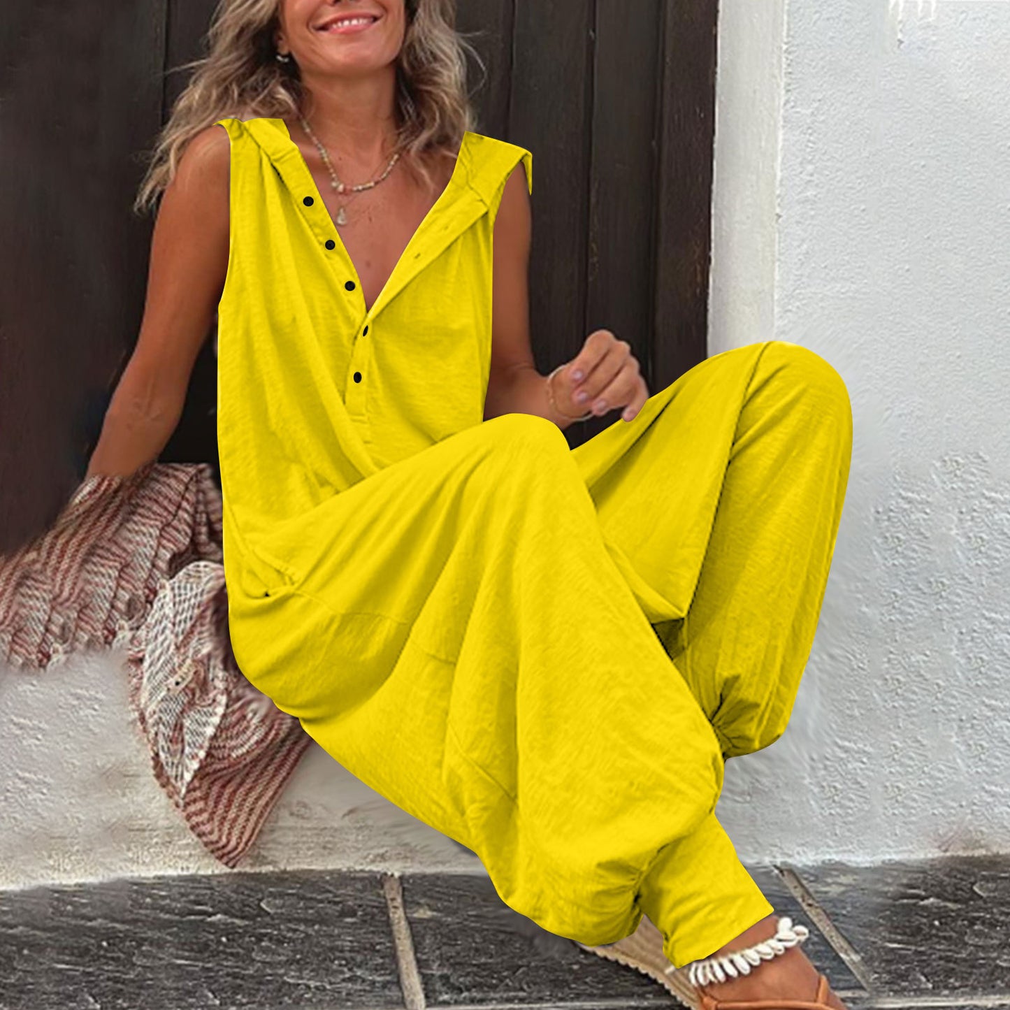 Hot Selling Button Up Hooded Sleeveless Pants In Stock, Jumpsuit With Pockets