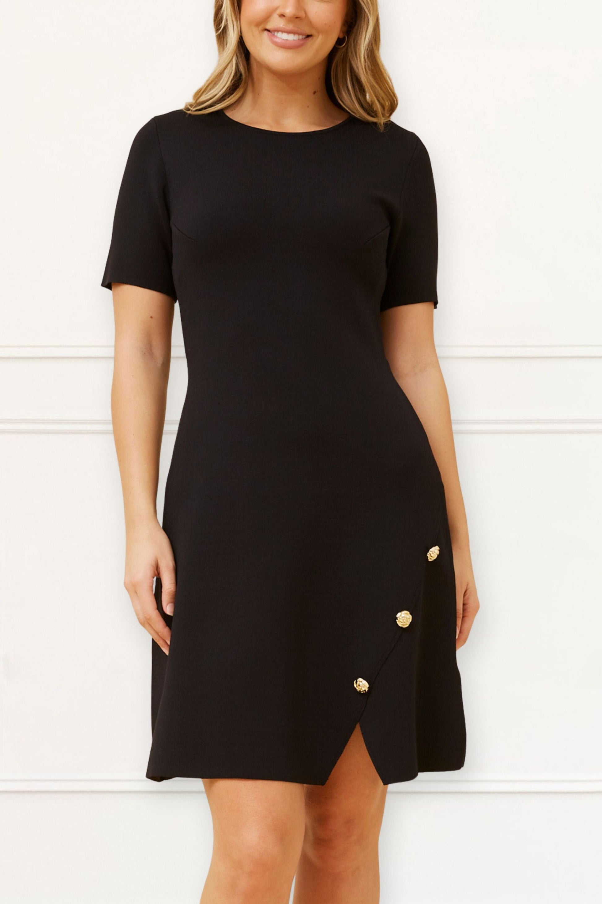 Cleo Black A-Line Dress Short Sleeves Gold Button Front Detail-0