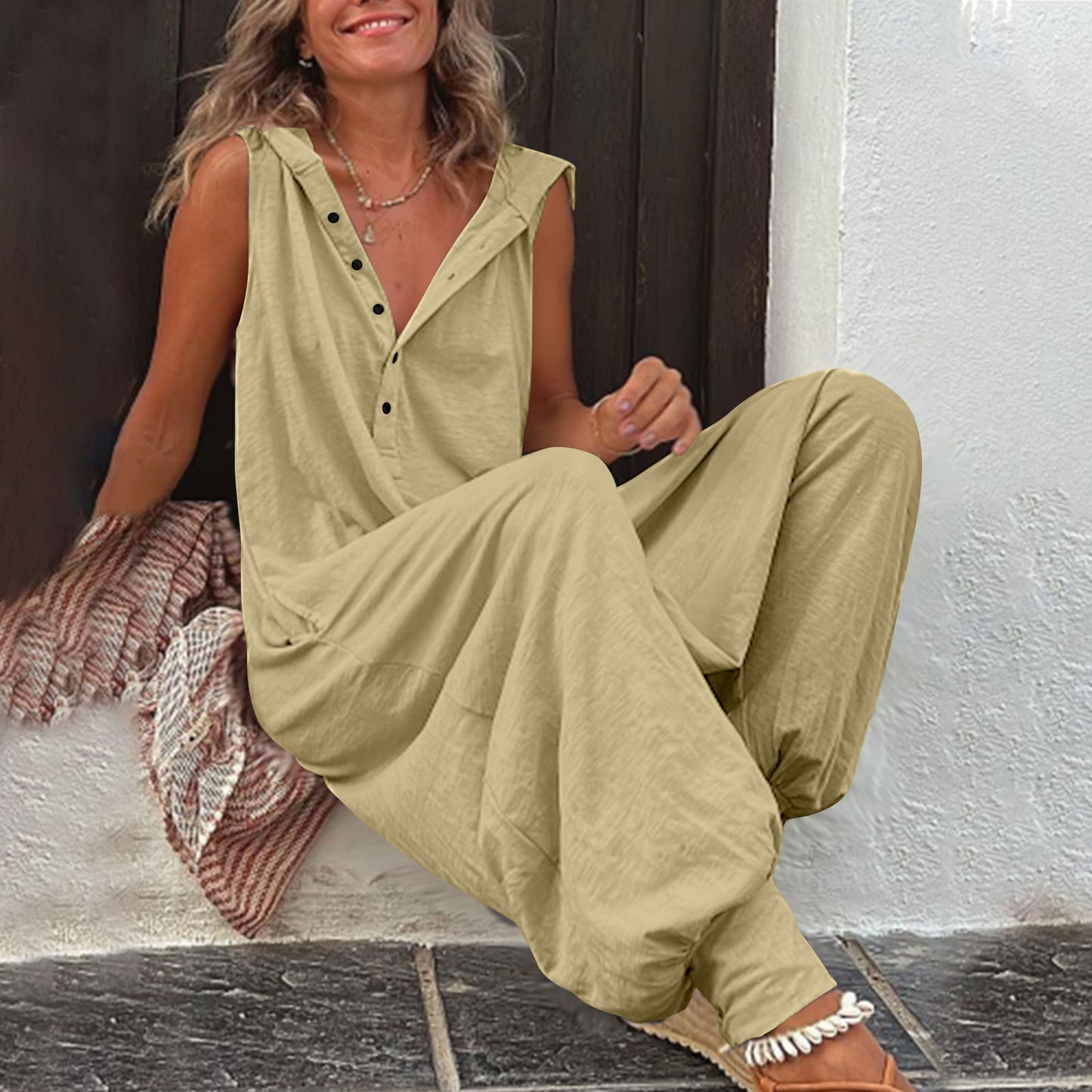 Hot Selling Button Up Hooded Sleeveless Pants In Stock, Jumpsuit With Pockets