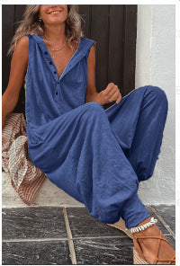 Hot Selling Button Up Hooded Sleeveless Pants In Stock, Jumpsuit With Pockets