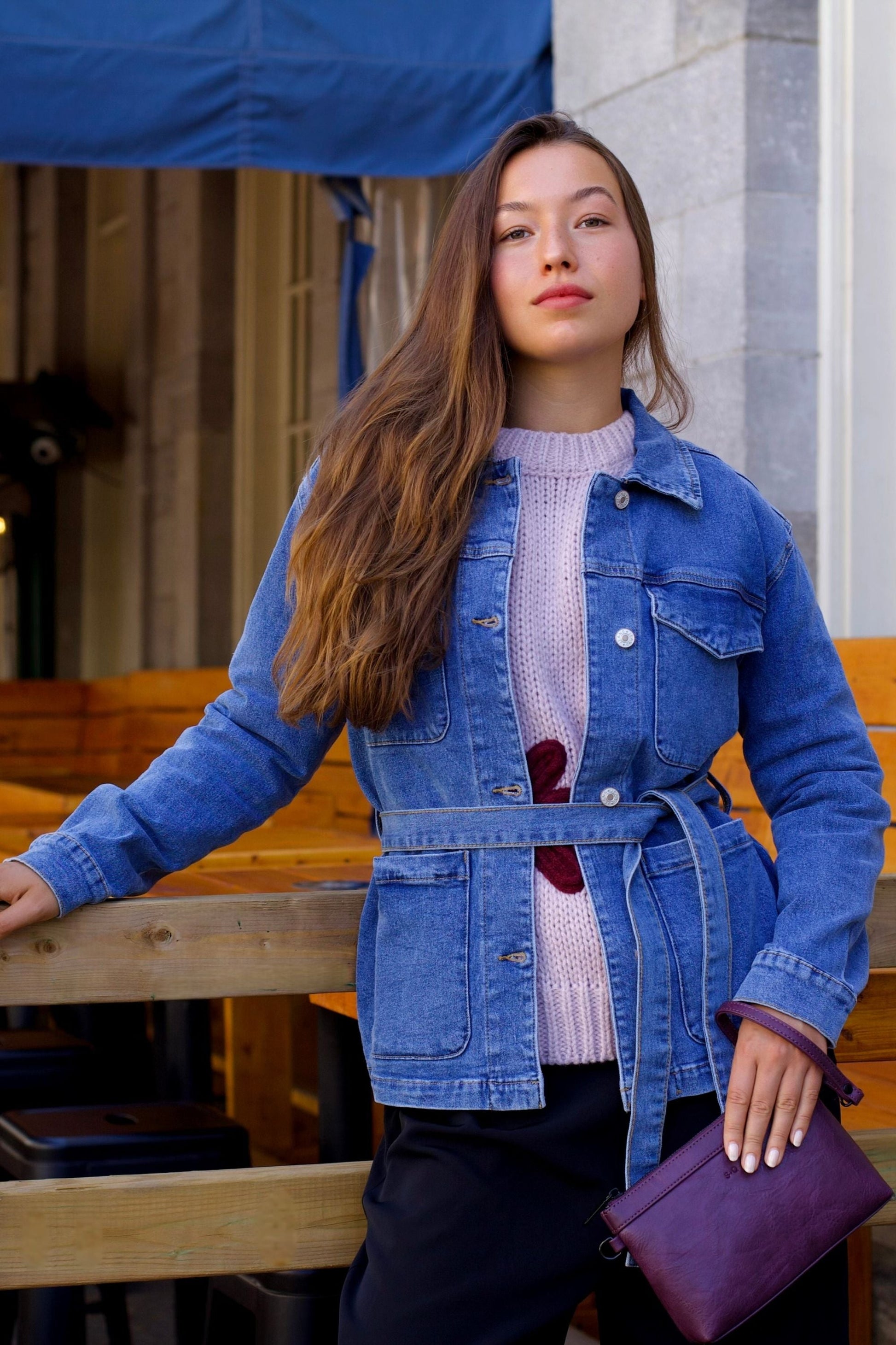 Sabrina Women's Belted Jean Jacquard Jacket With Pockets-2