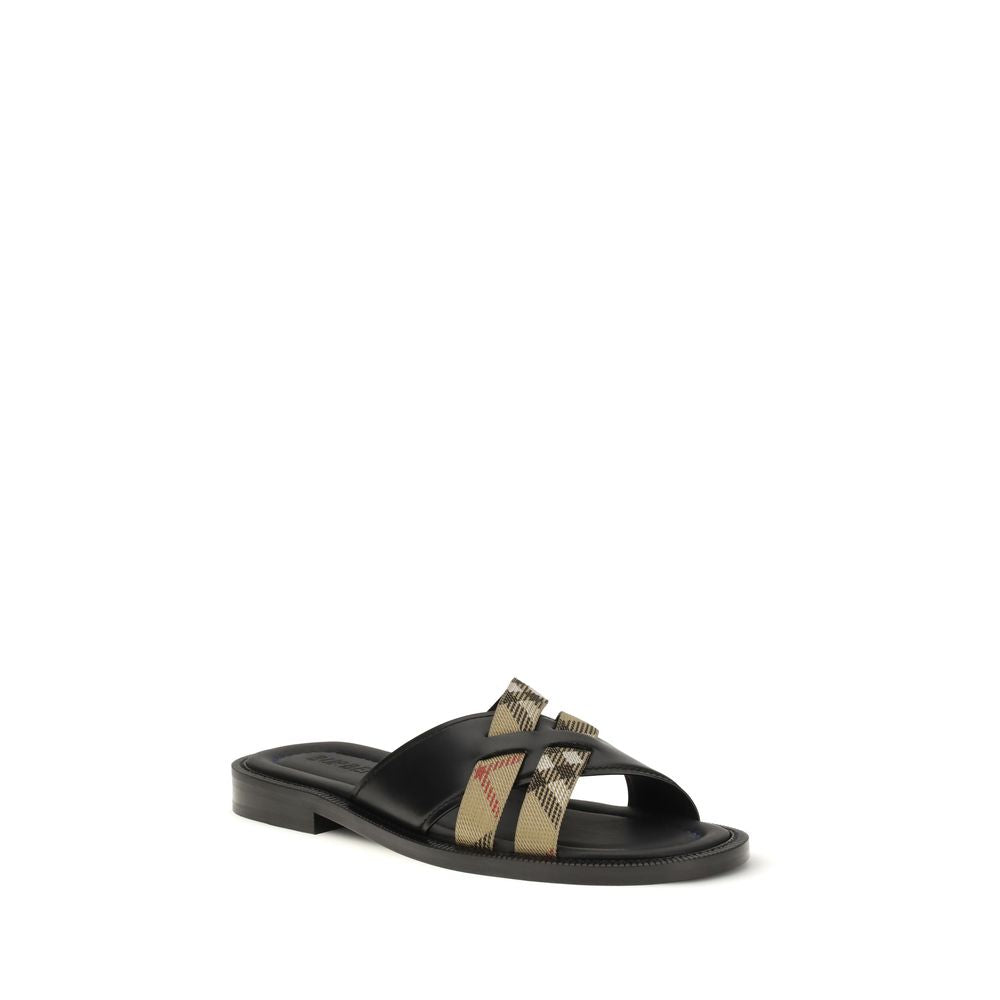 Burberry Black Calf Leather Bos Taurus Flat Sandals