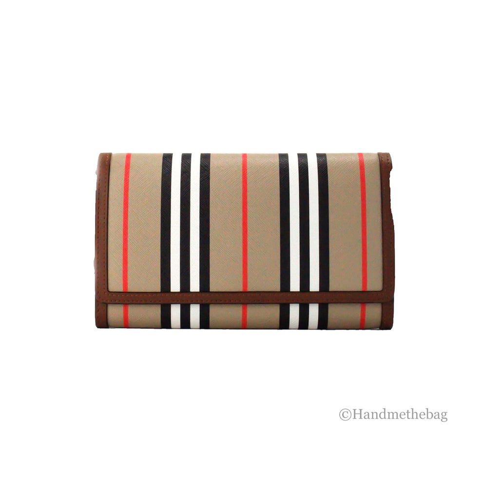 Burberry Hannah Icon Stripe Archive Tan E-Canvas Leather Wallet Crossbody Bag