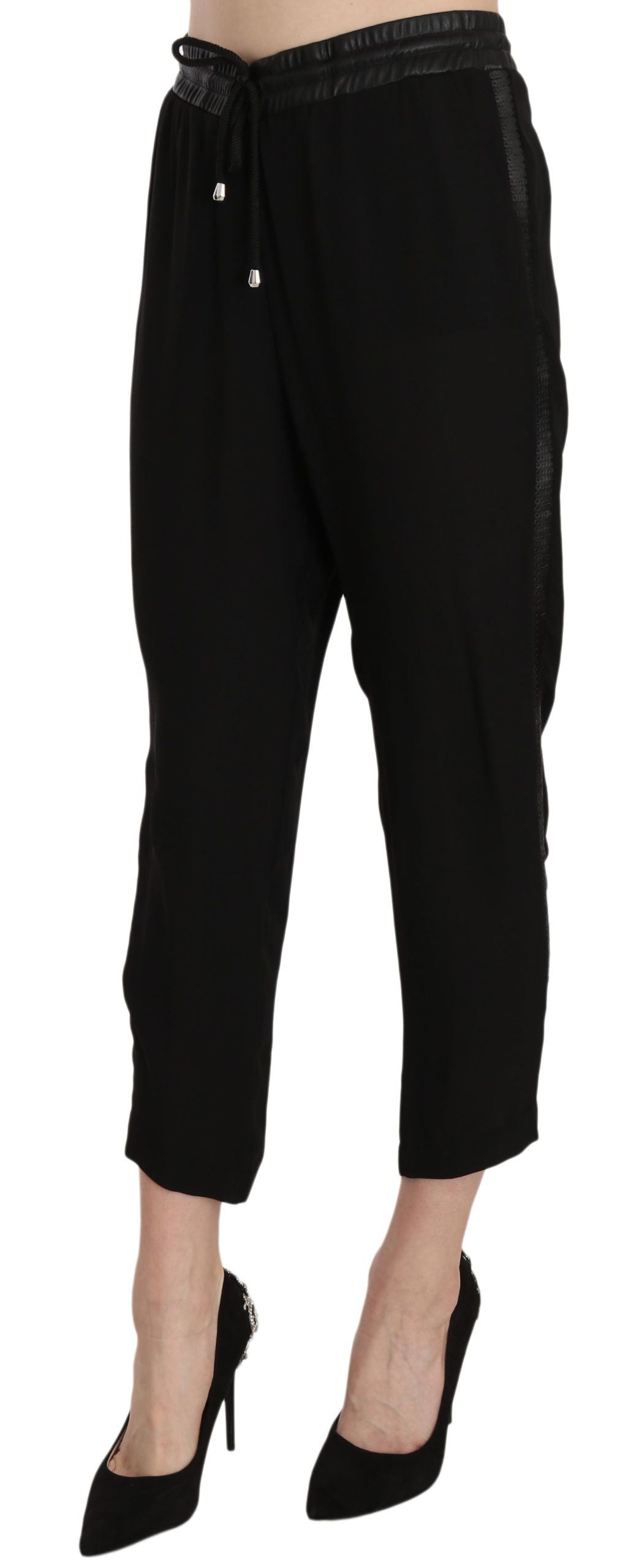 Pantalon court taille haute en polyester noir Guess