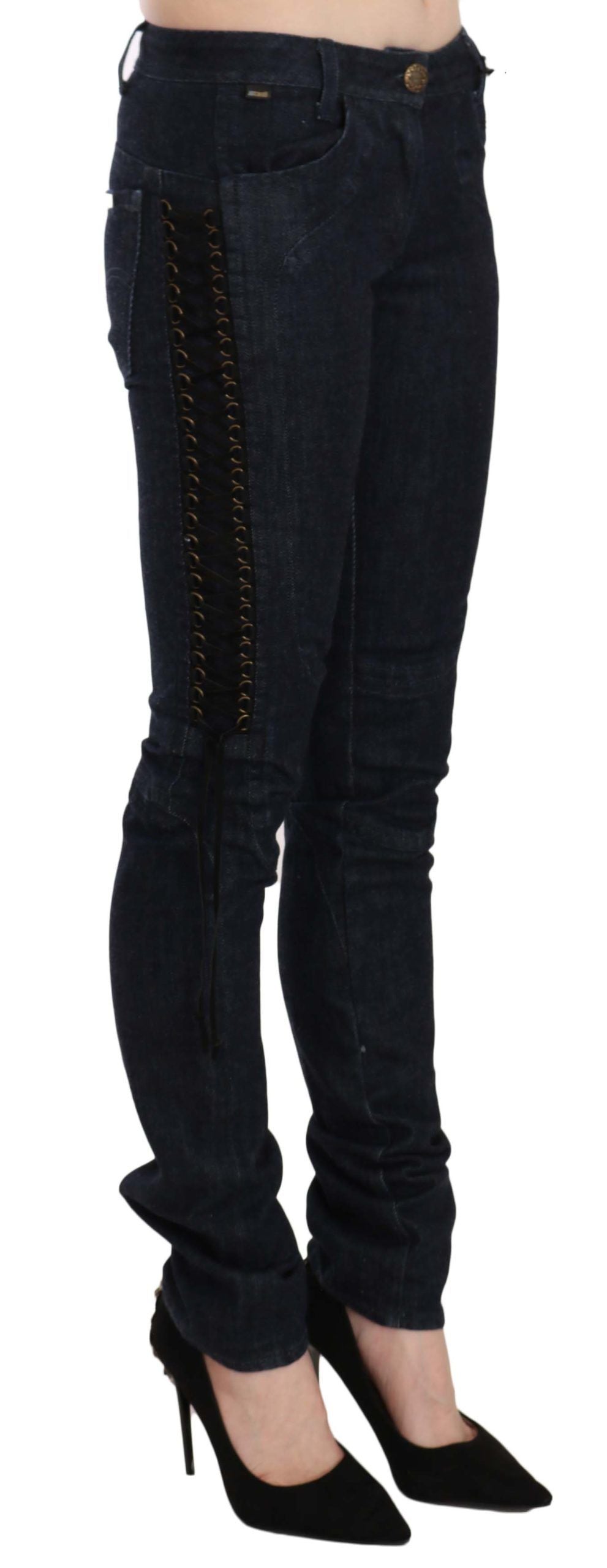 Pantalon skinny taille basse bleu Just Cavalli Pantalon à cordon tressé