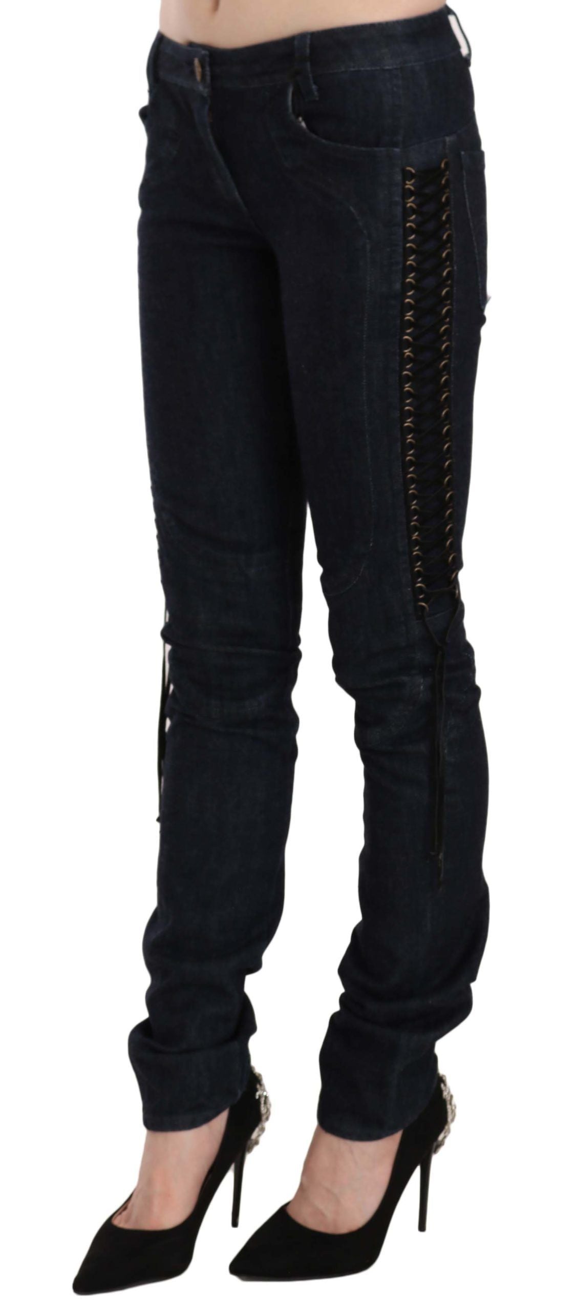 Pantalon skinny taille basse bleu Just Cavalli Pantalon à cordon tressé