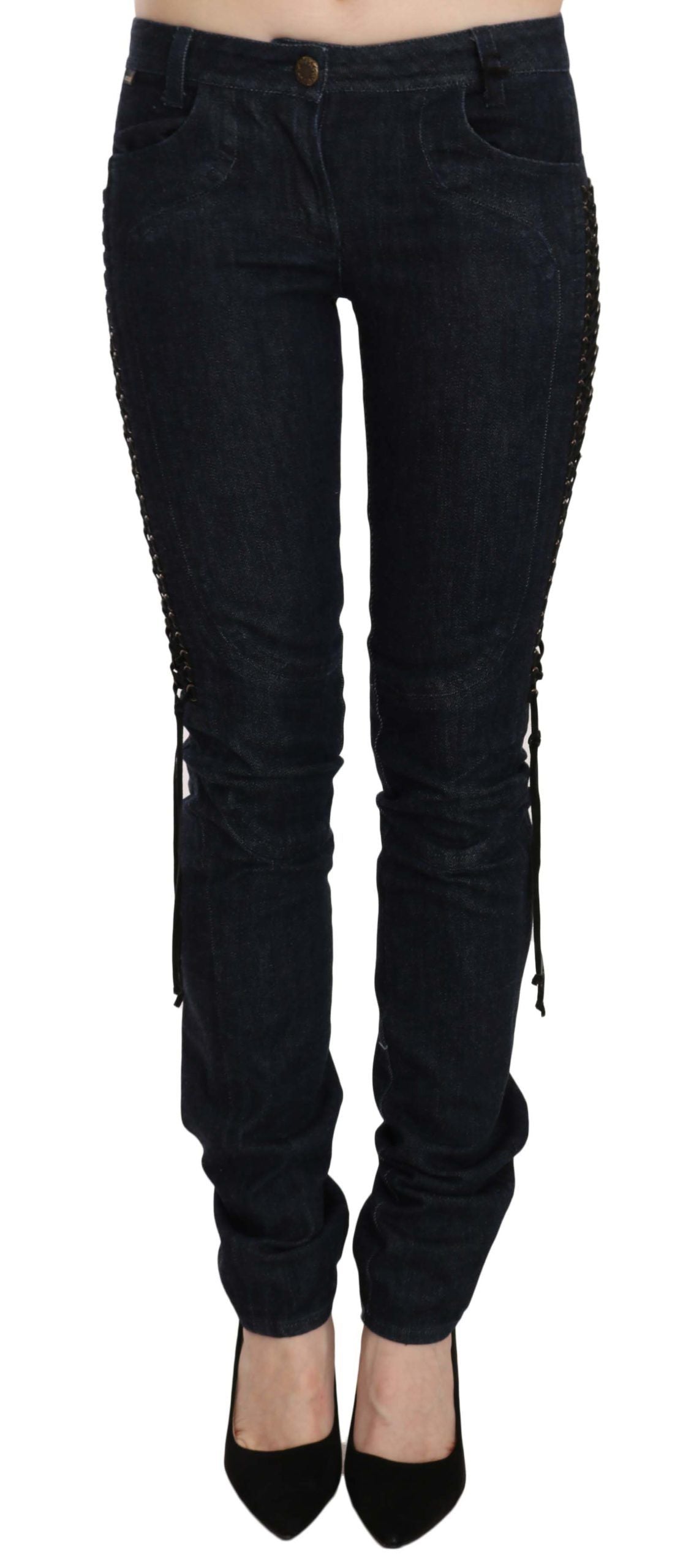 Pantalon skinny taille basse bleu Just Cavalli Pantalon à cordon tressé