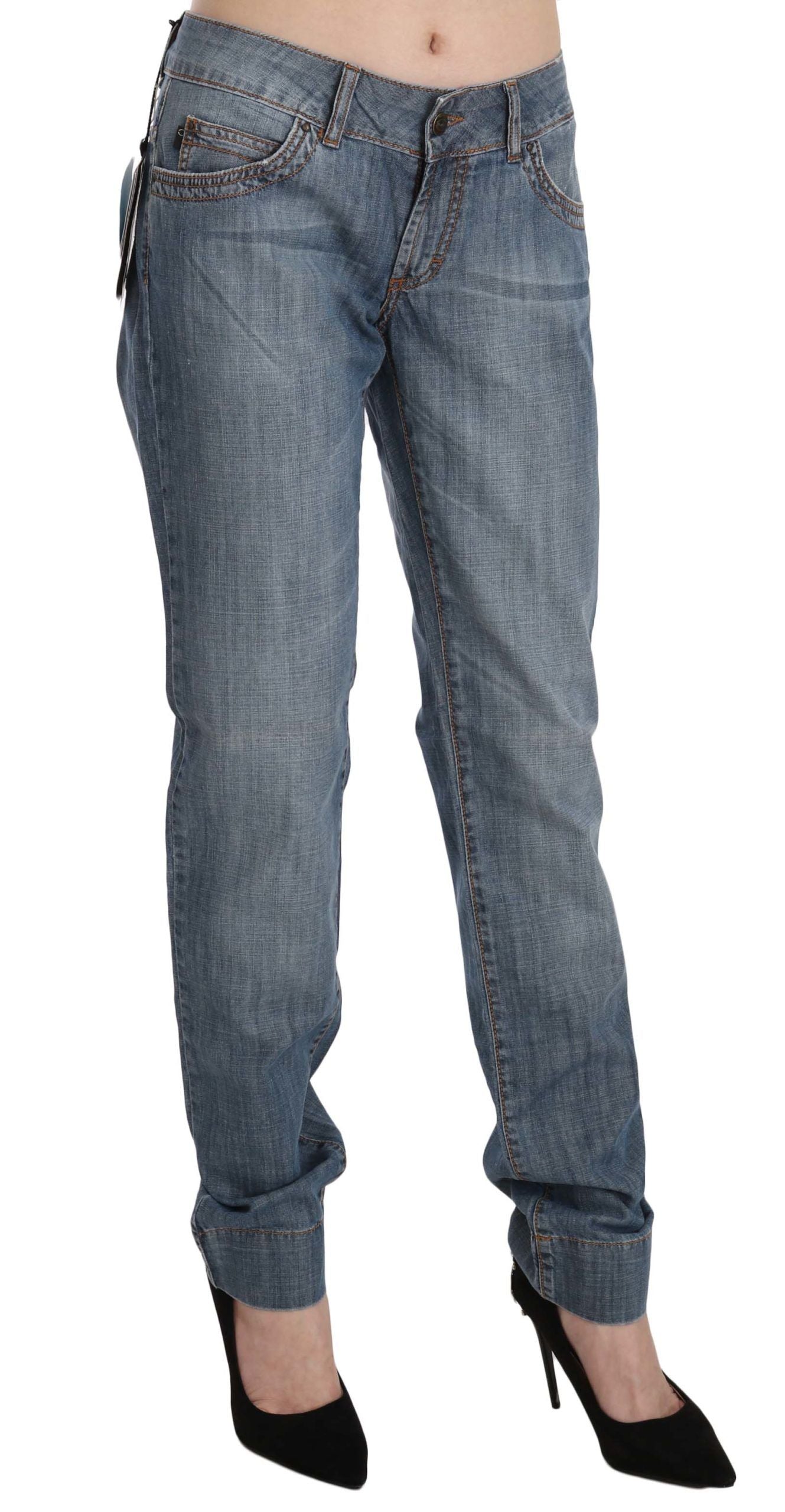 Pantalon slim taille basse en coton délavé bleu Just Cavalli