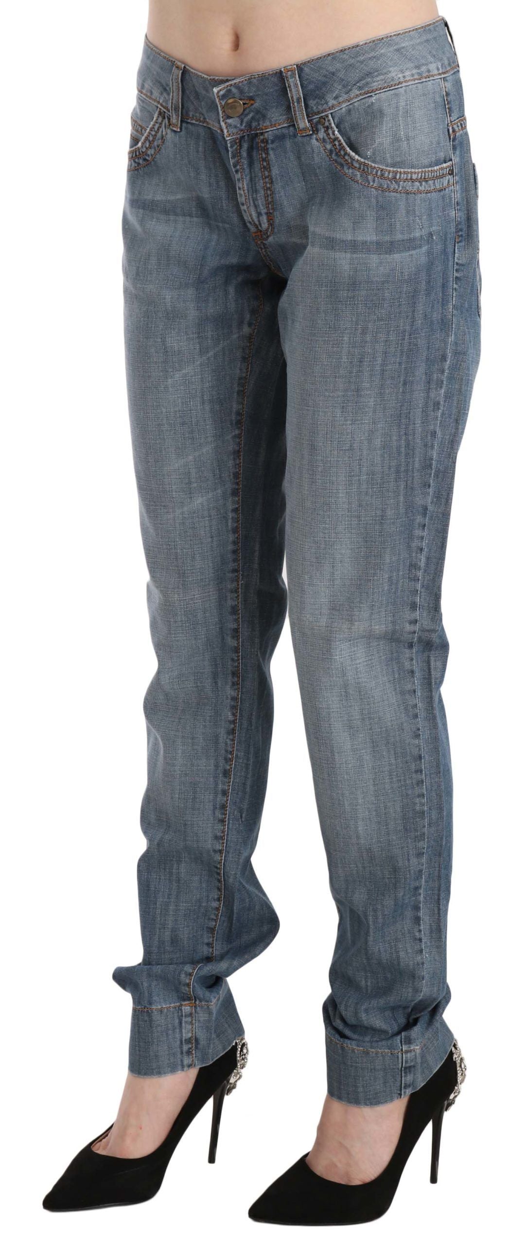 Pantalon slim taille basse en coton délavé bleu Just Cavalli