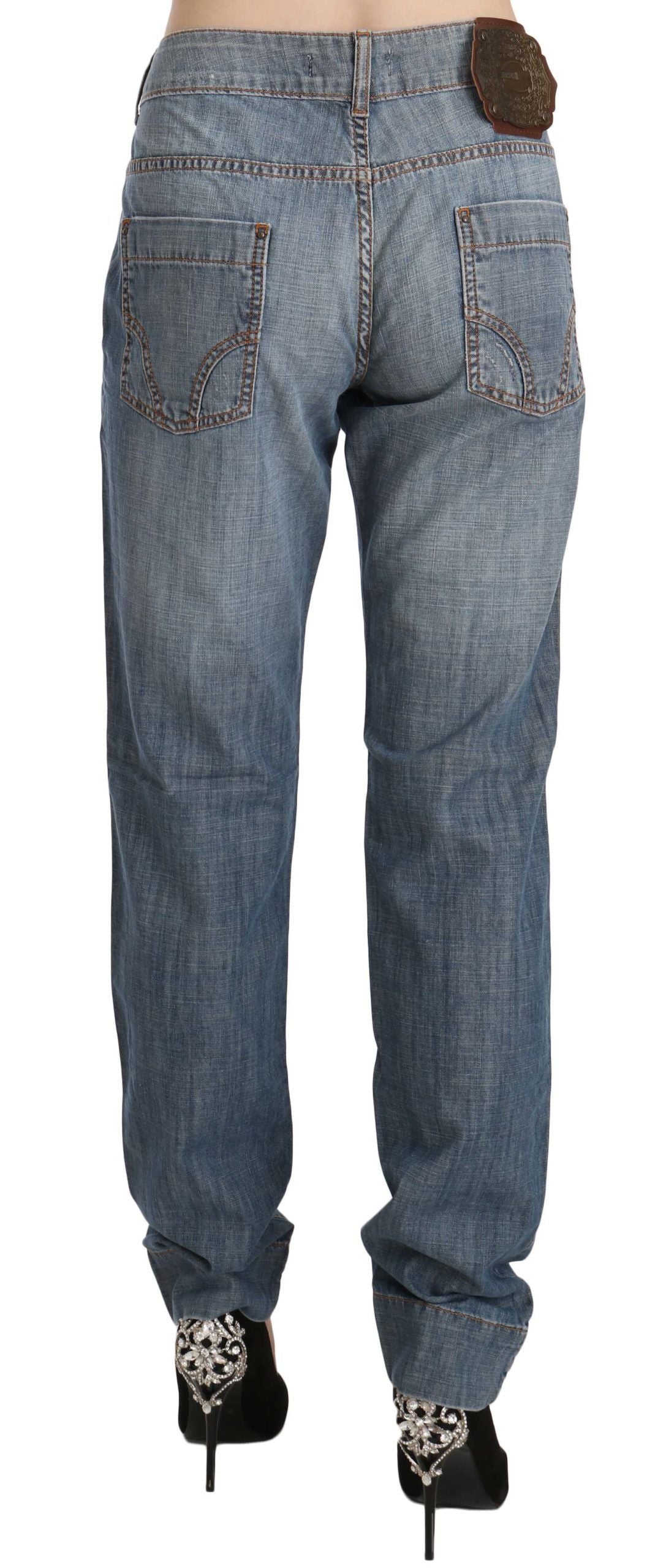 Pantalon slim taille basse en coton délavé bleu Just Cavalli