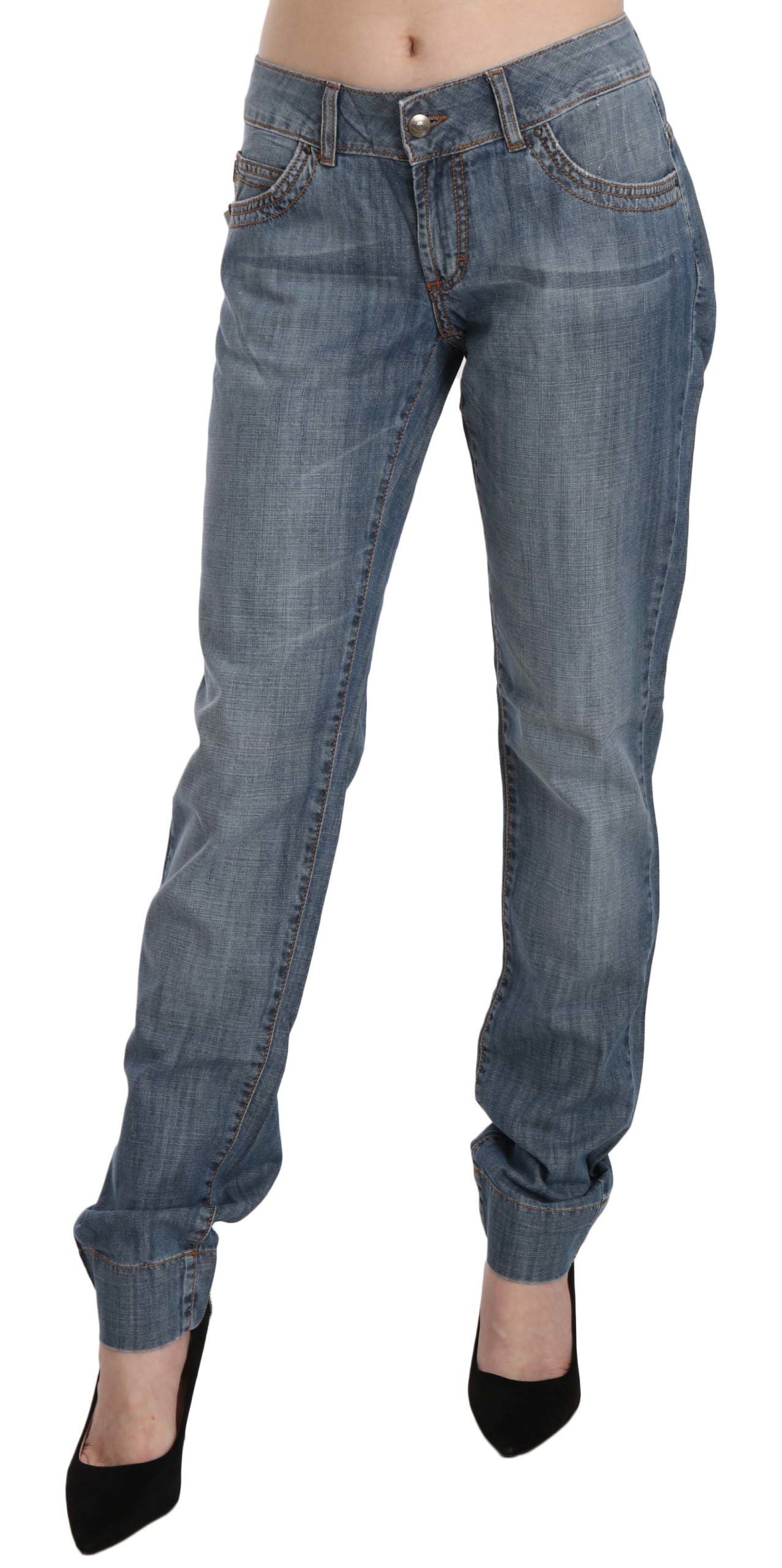 Pantalon slim taille basse en coton délavé bleu Just Cavalli