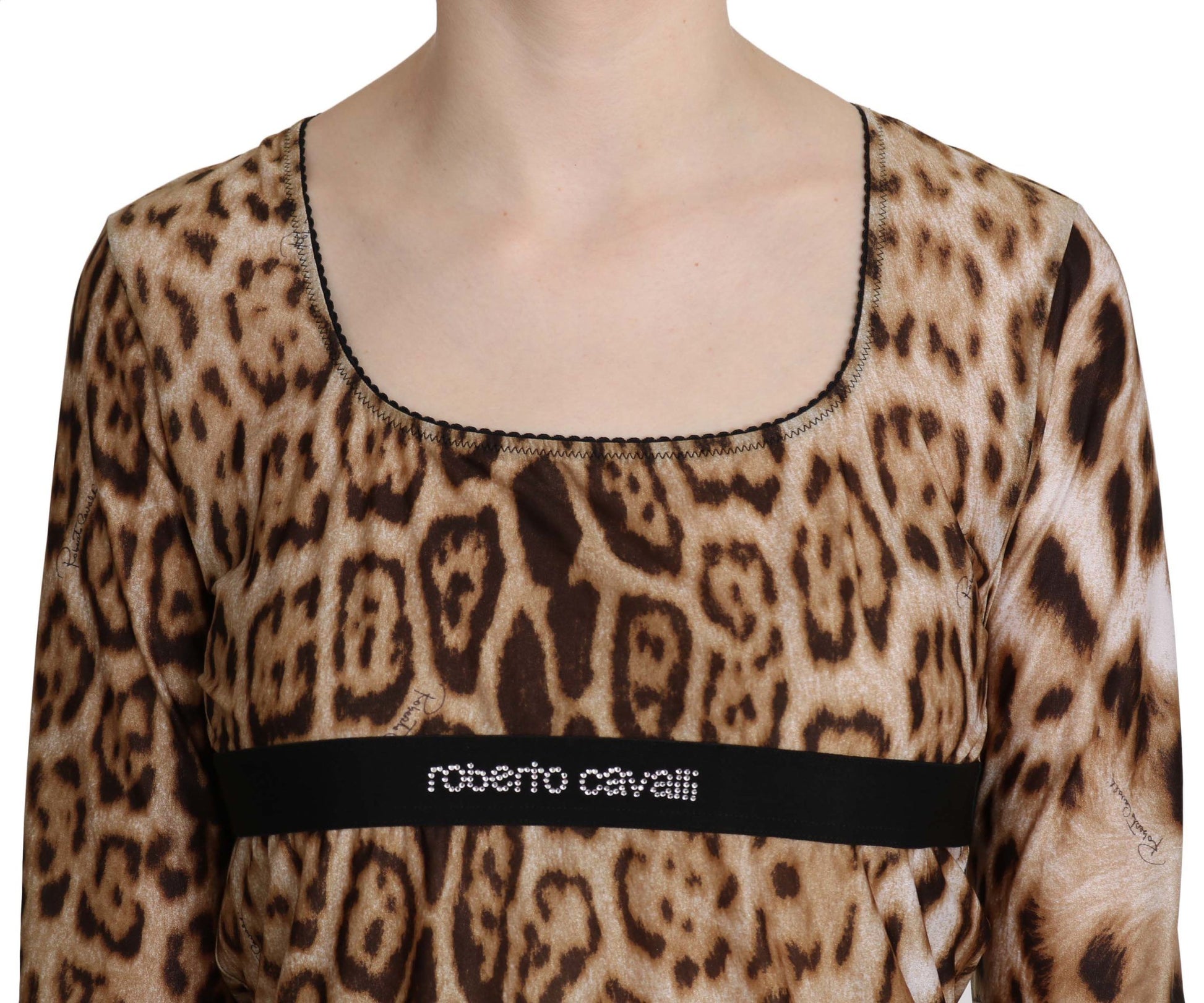 Chemisier femme marron à col rond et motif léopard Roberto Cavalli