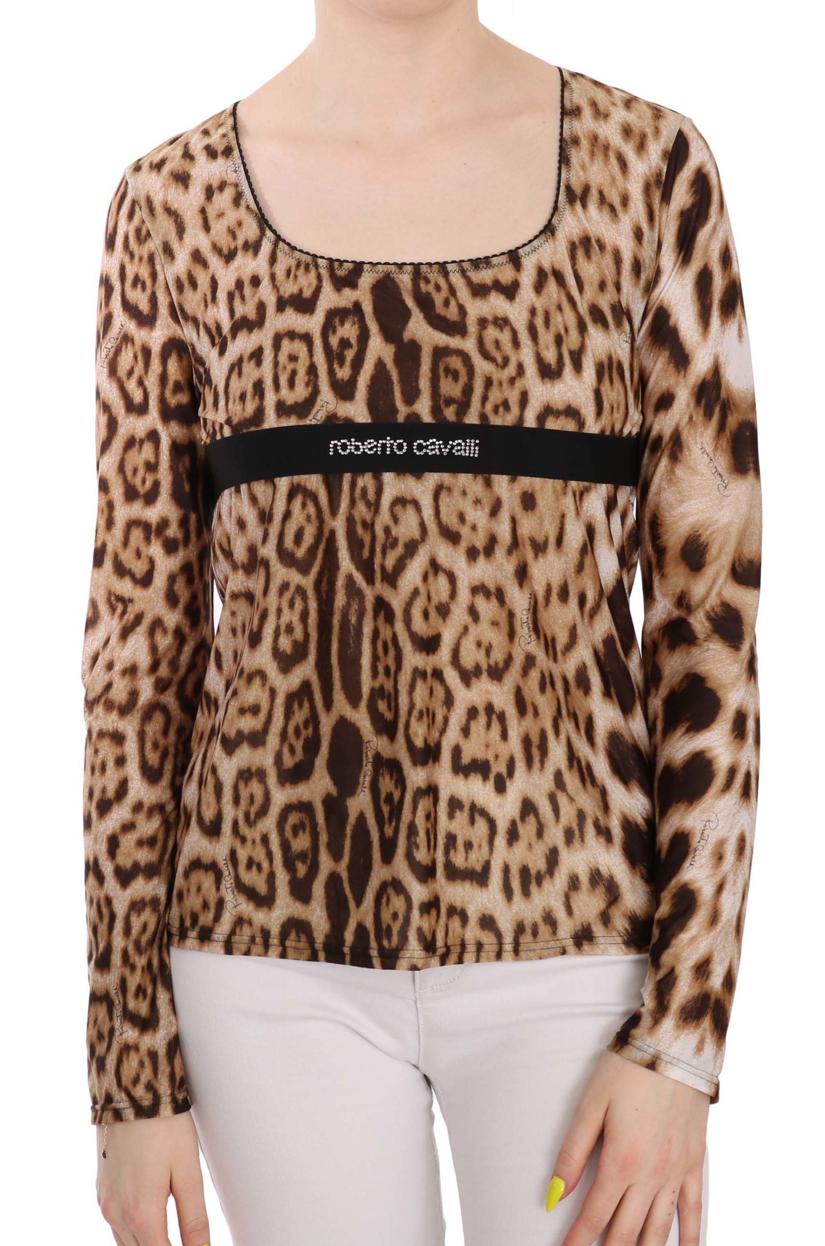 Chemisier femme marron à col rond et motif léopard Roberto Cavalli