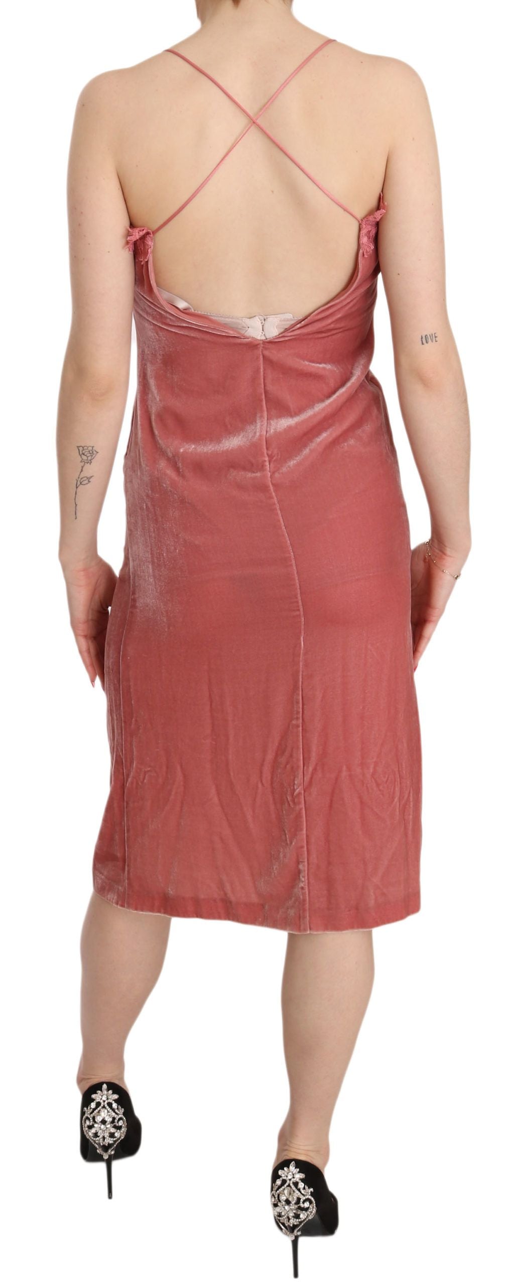 Robe mi-longue droite fendue sur le côté à bretelles spaghetti en dentelle rose PINKO