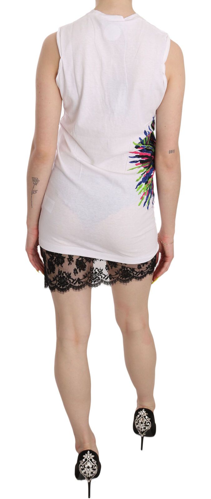 Robe courte moulante blanche imprimée à col ras du cou et sans manches Dsquared²