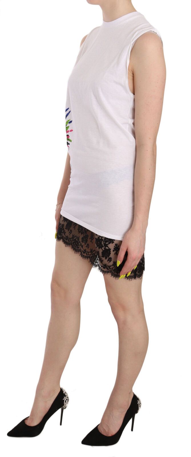 Robe courte moulante blanche imprimée à col ras du cou et sans manches Dsquared²
