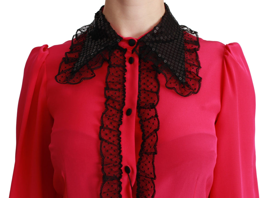 Chemisier en soie rose et dentelle à sequins noirs Dolce &amp; Gabbana