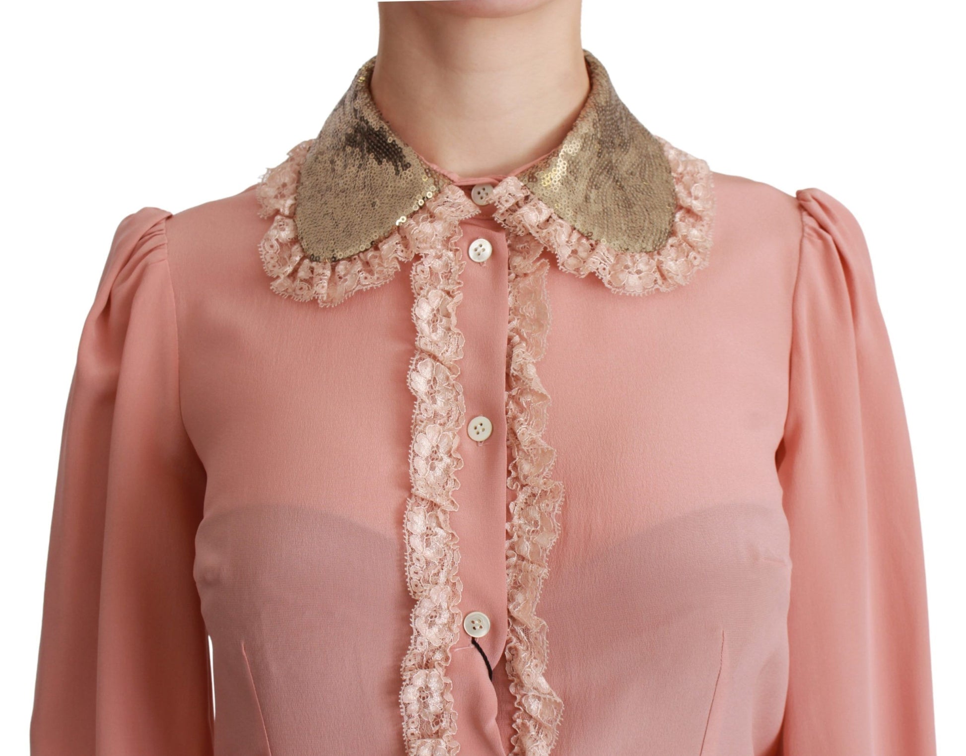 Chemisier en soie rose et dentelle à sequins dorés Dolce &amp; Gabbana