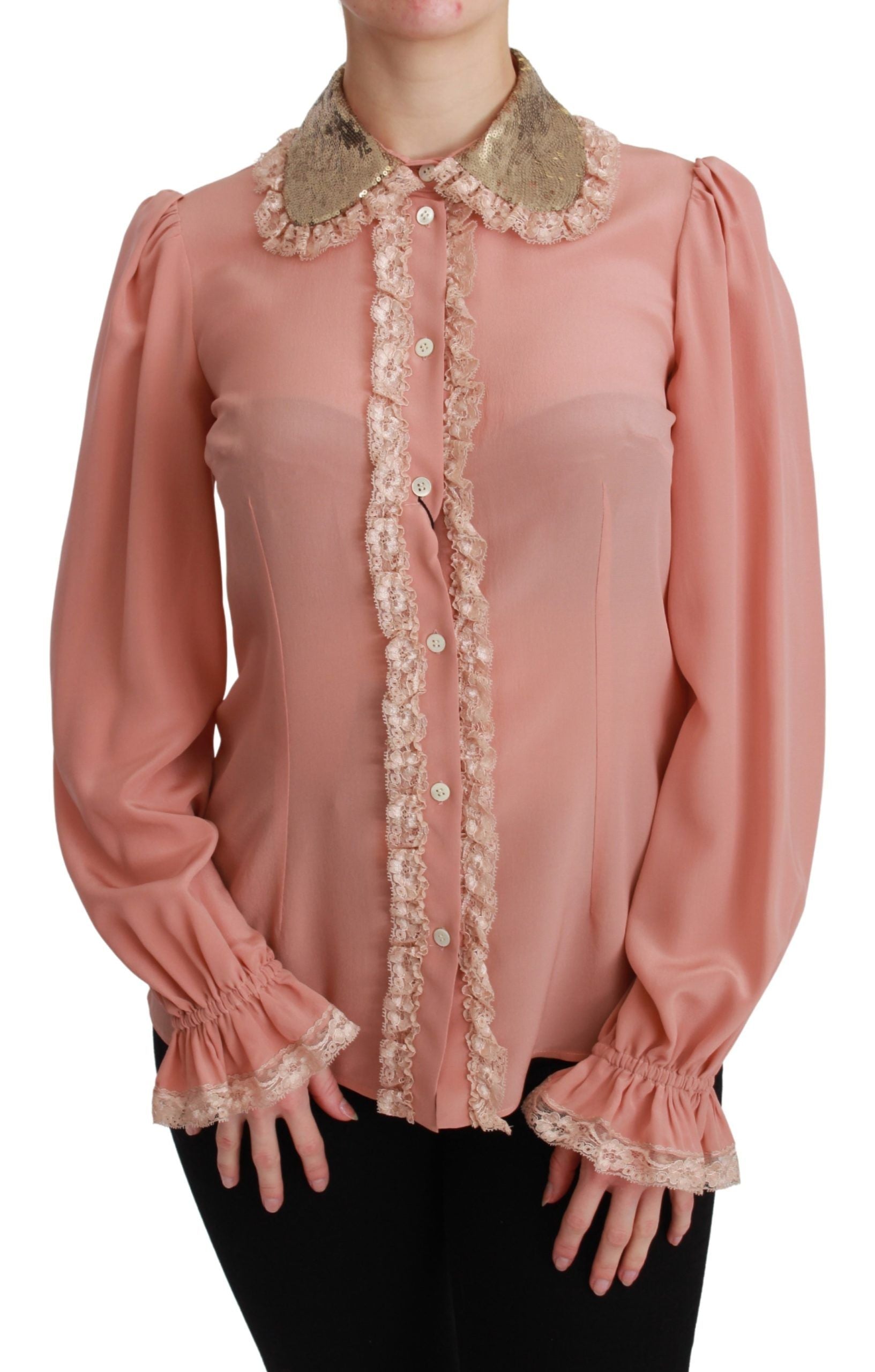 Chemisier en soie rose et dentelle à sequins dorés Dolce &amp; Gabbana