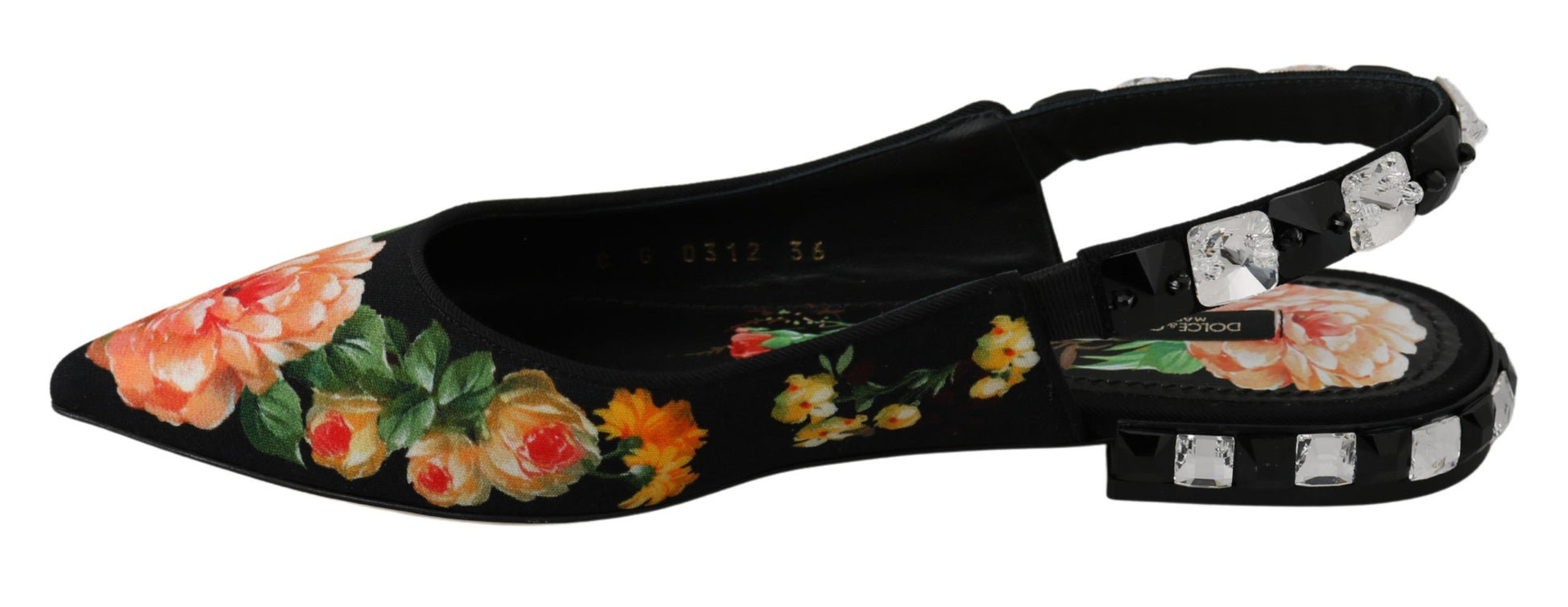 Chaussures plates à bride arrière Dolce &amp; Gabbana à fleurs et cristaux noirs