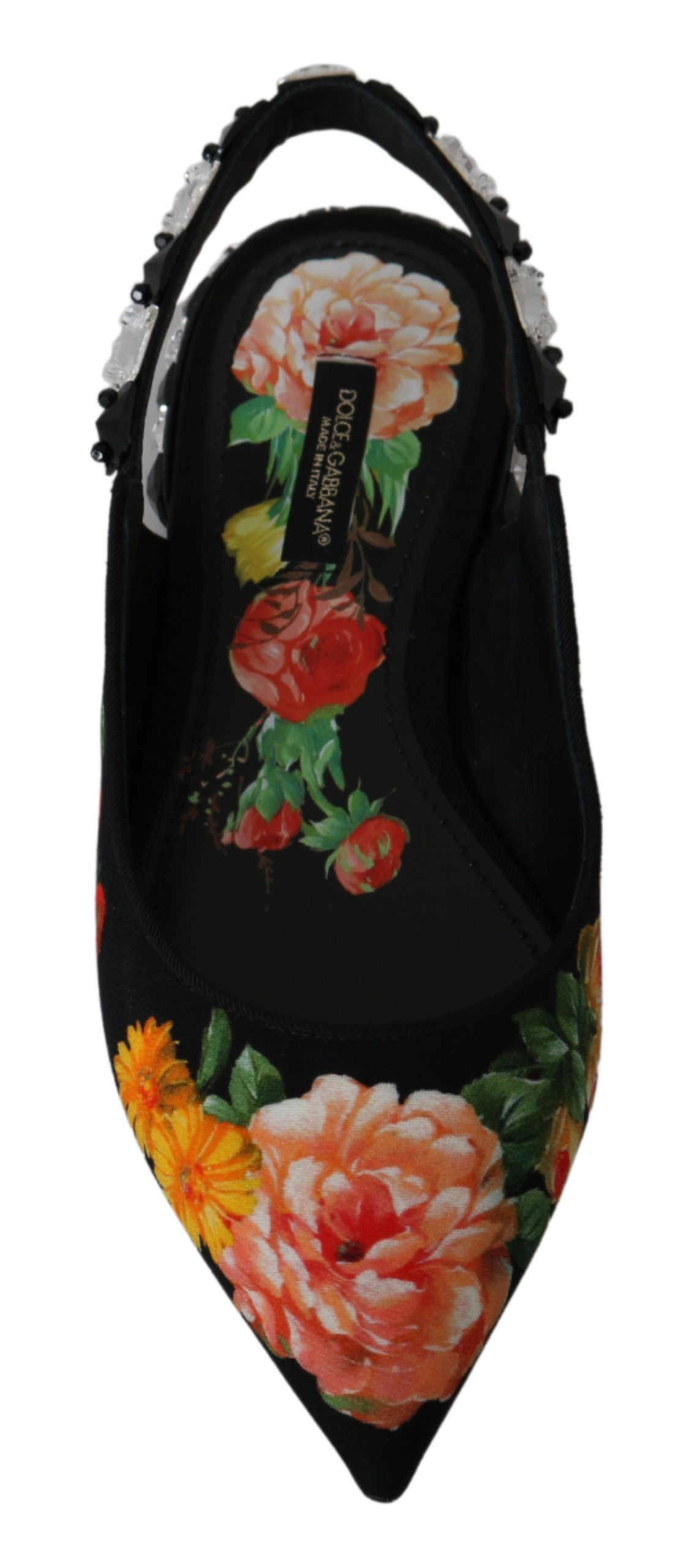 Chaussures plates à bride arrière Dolce &amp; Gabbana à fleurs et cristaux noirs