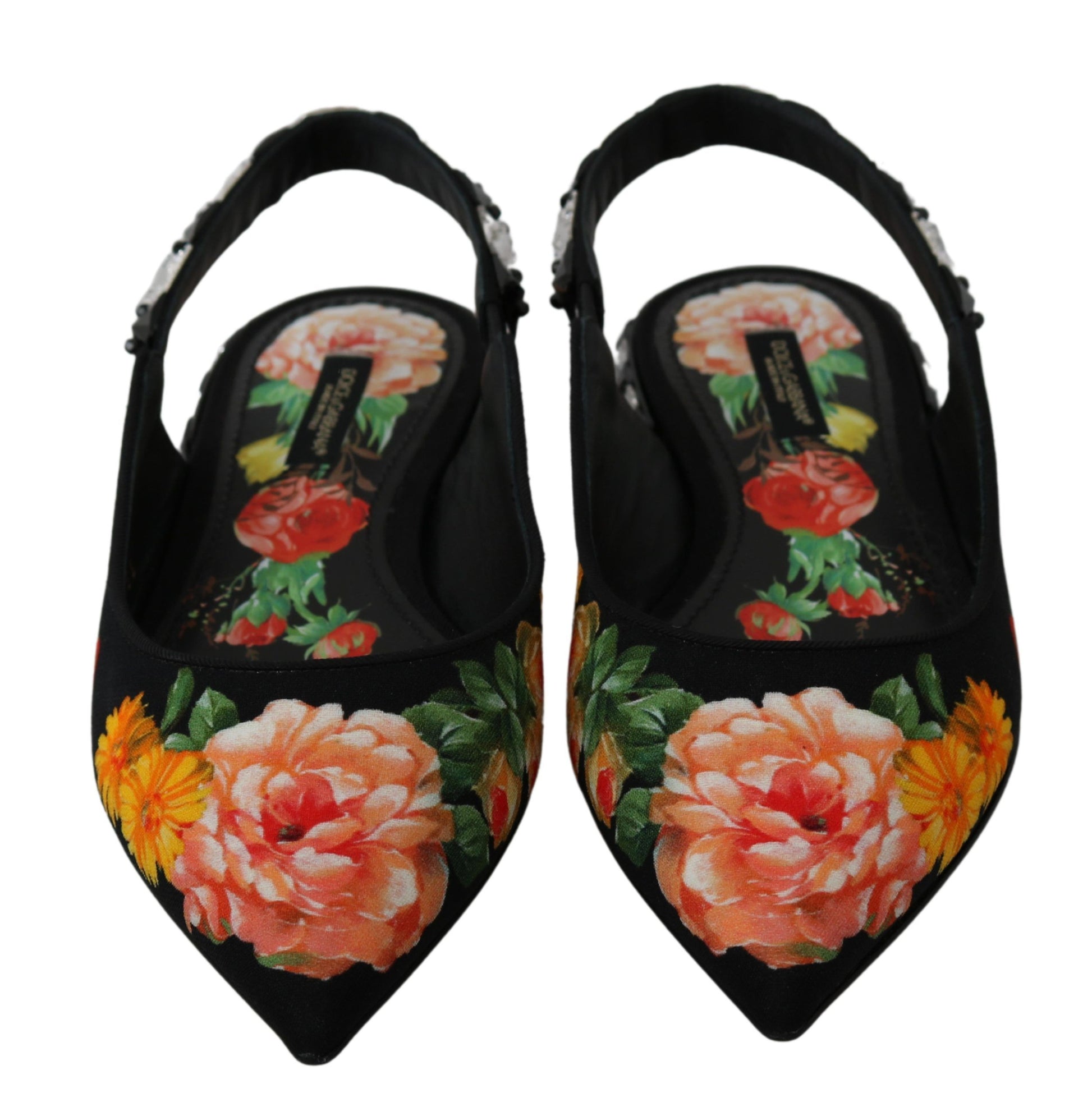 Chaussures plates à bride arrière Dolce &amp; Gabbana à fleurs et cristaux noirs