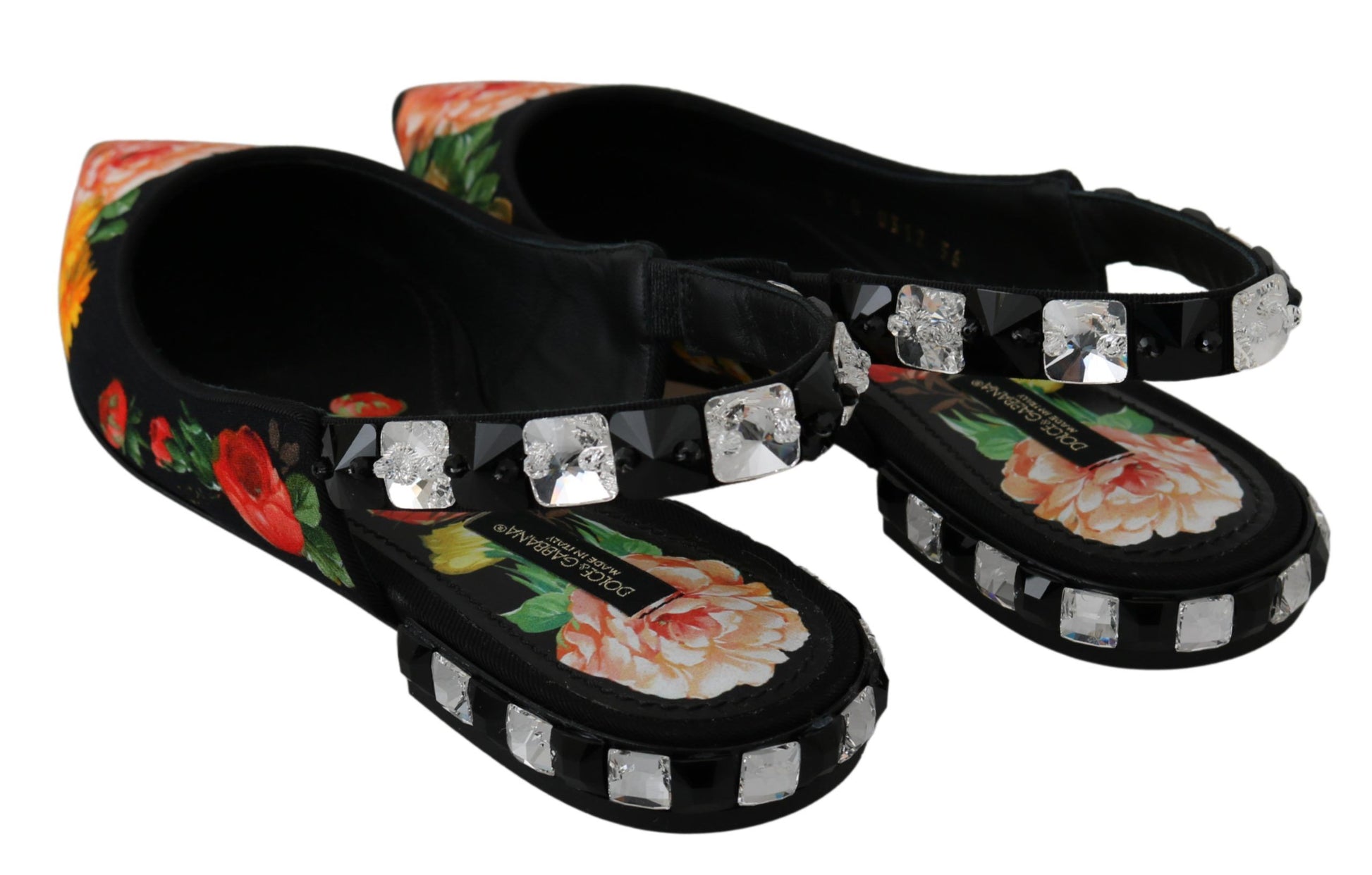 Chaussures plates à bride arrière Dolce &amp; Gabbana à fleurs et cristaux noirs