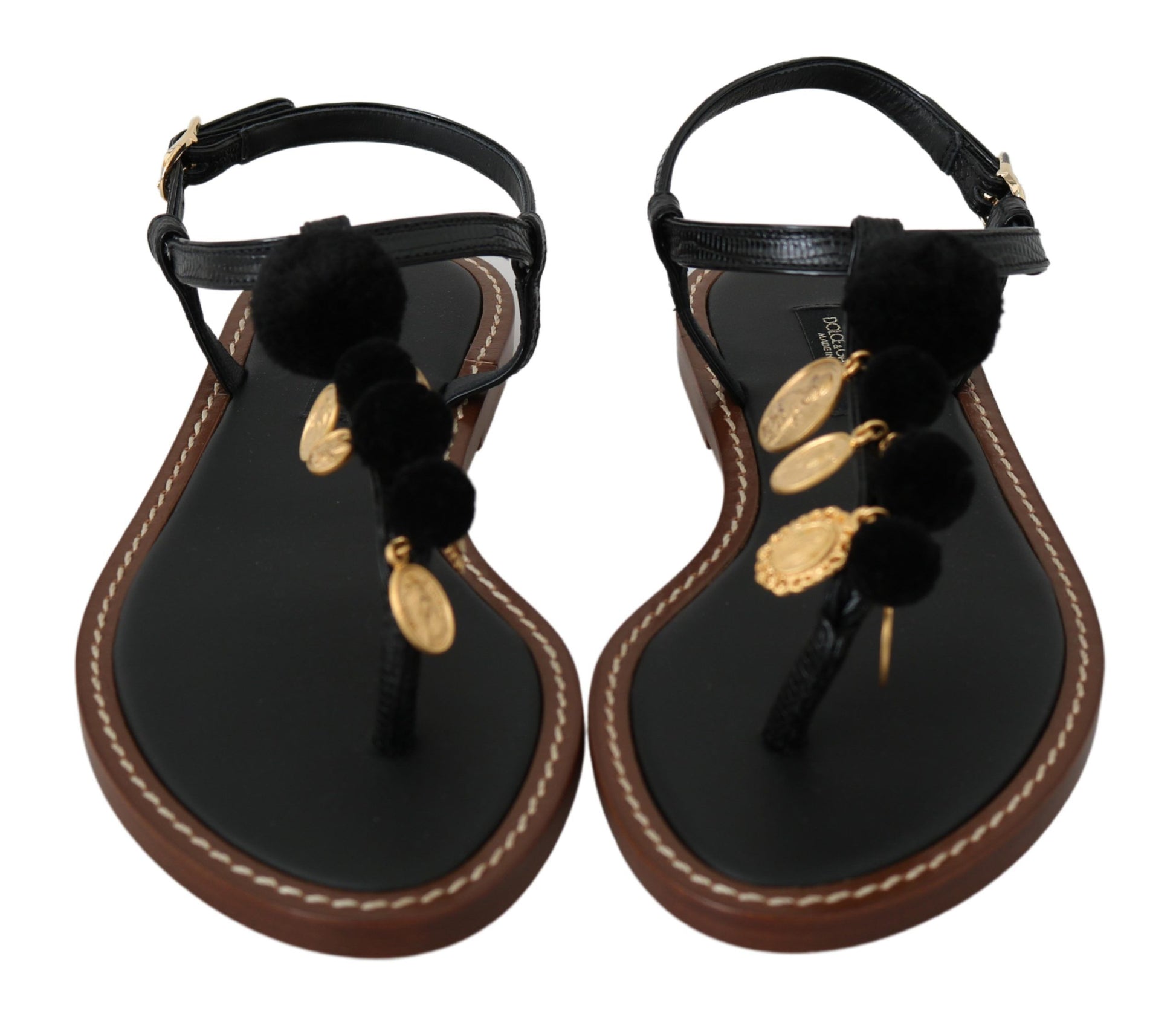 Tongs Dolce &amp; Gabbana en cuir noir avec pièces de monnaie