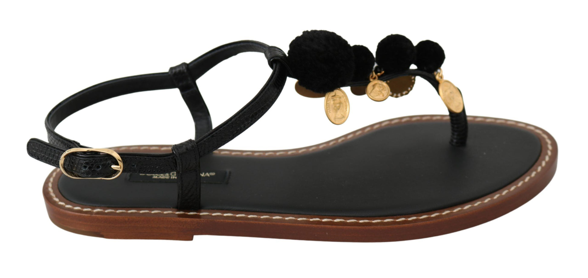 Tongs Dolce &amp; Gabbana en cuir noir avec pièces de monnaie