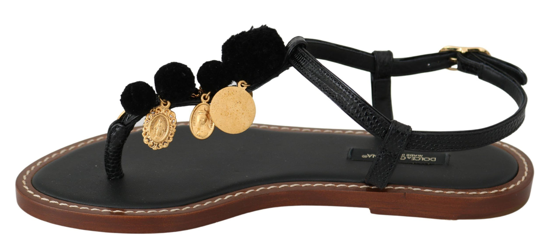 Tongs Dolce &amp; Gabbana en cuir noir avec pièces de monnaie